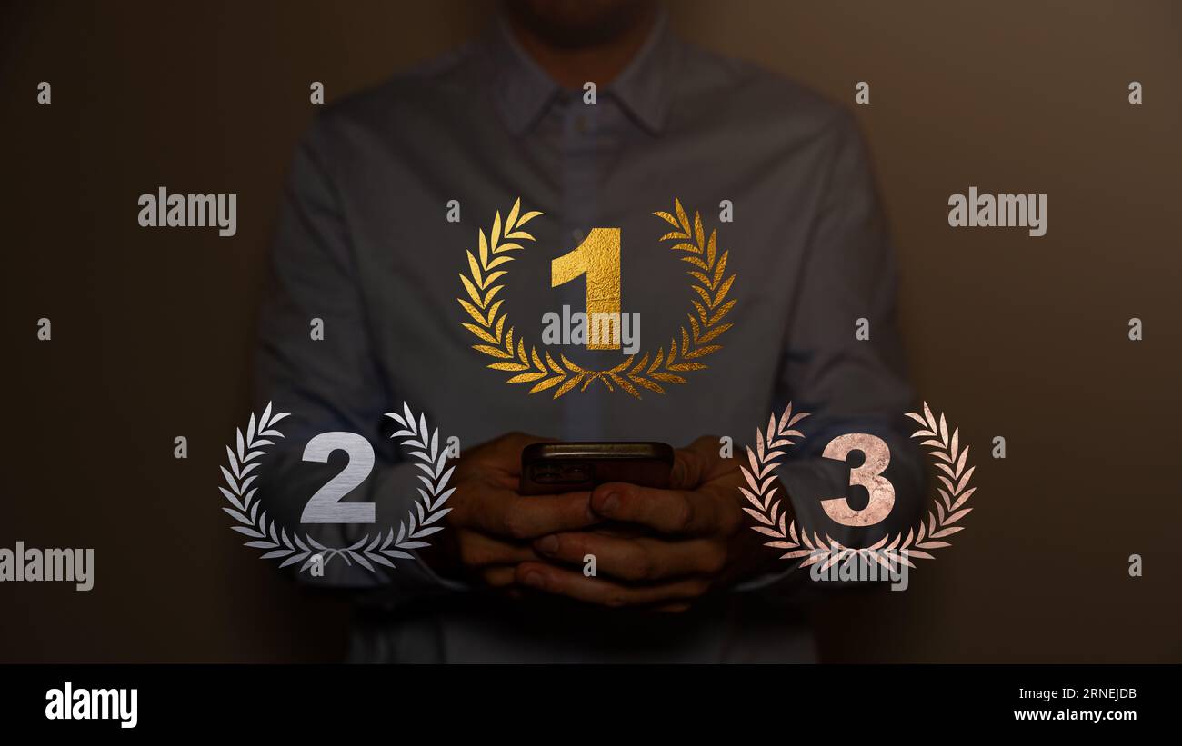 Podium for first, second, third place with laurel, number and text ...