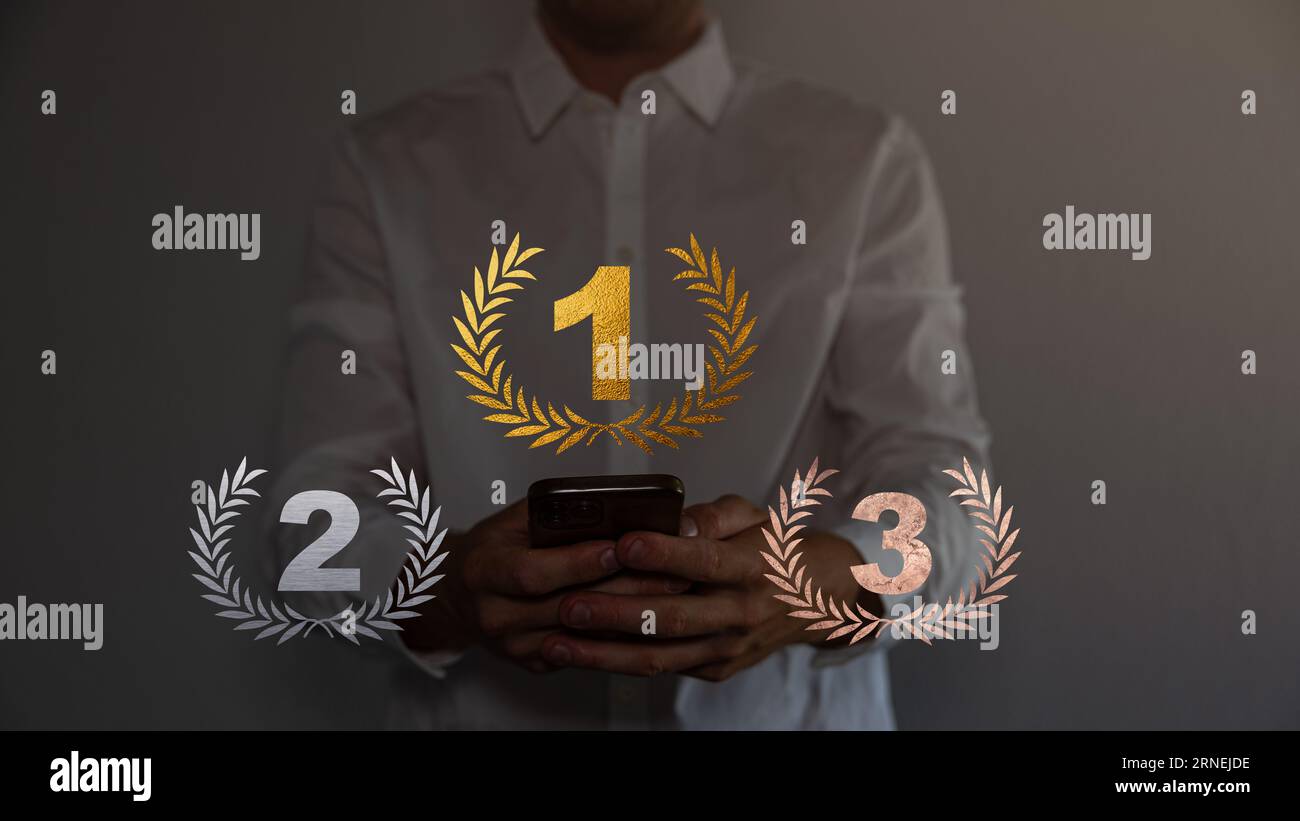 Podium for first, second, third place with laurel, number and text ...