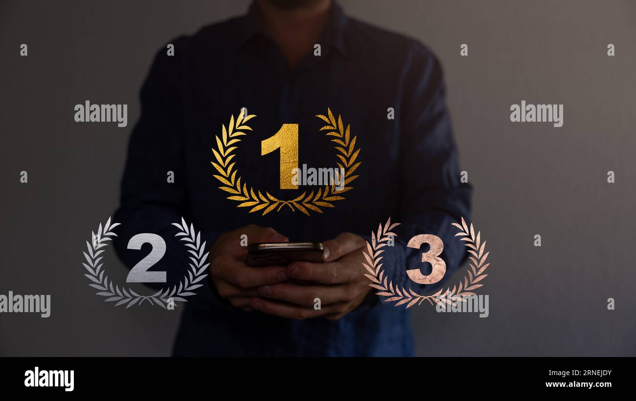 Podium for first, second, third place with laurel, number and text ...