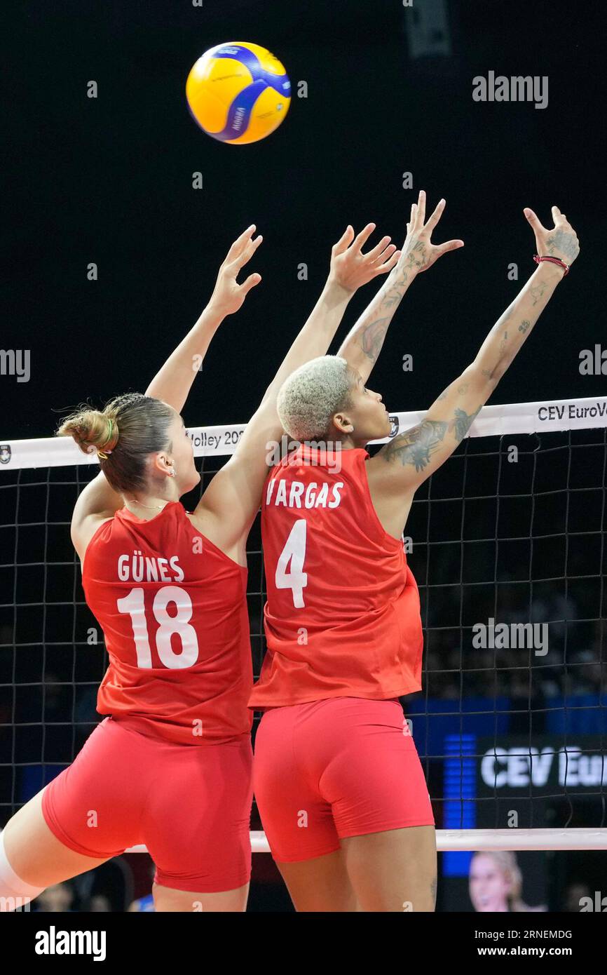 Turkey's Zehra Gunes, left, and Turkey's Melissa Theresa Vargas go up ...