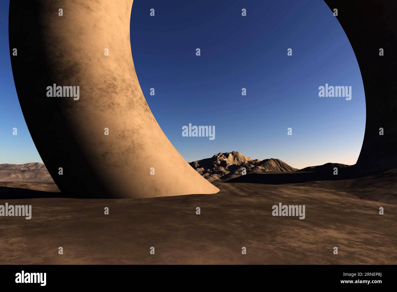 Surrealistic mountain background 3D illutstration with a huge stone torus buried in sands Stock Photo
