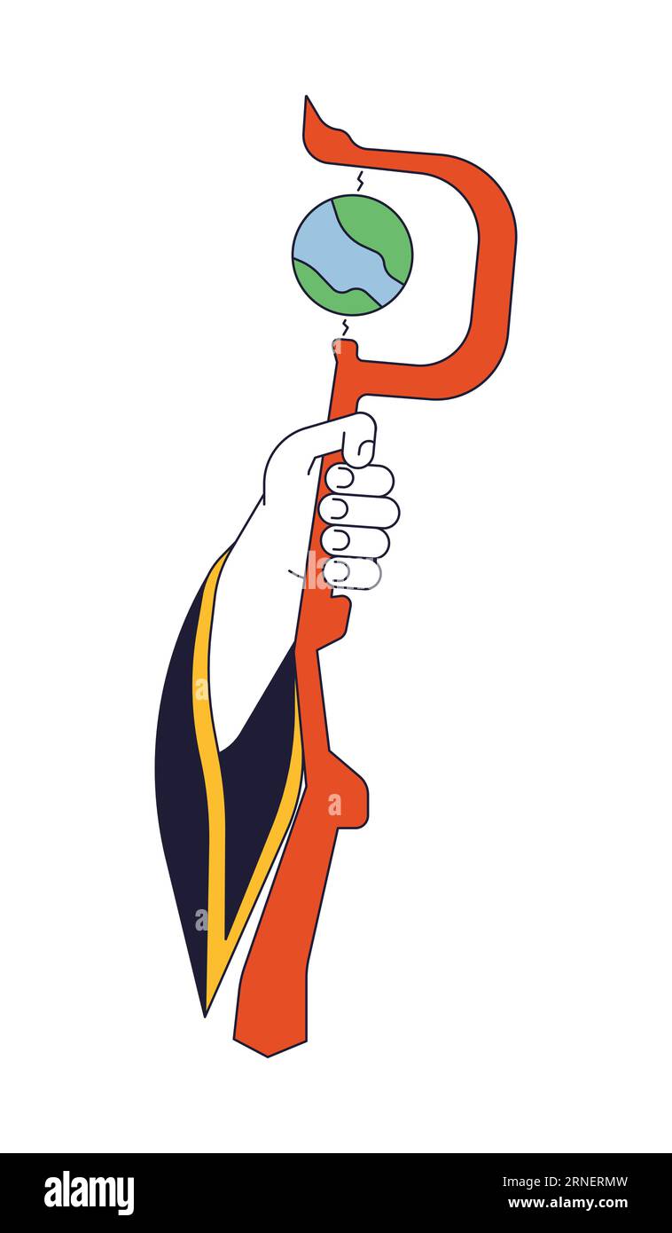 Holding wizard staff flat line concept vector spot illustration Stock Vector