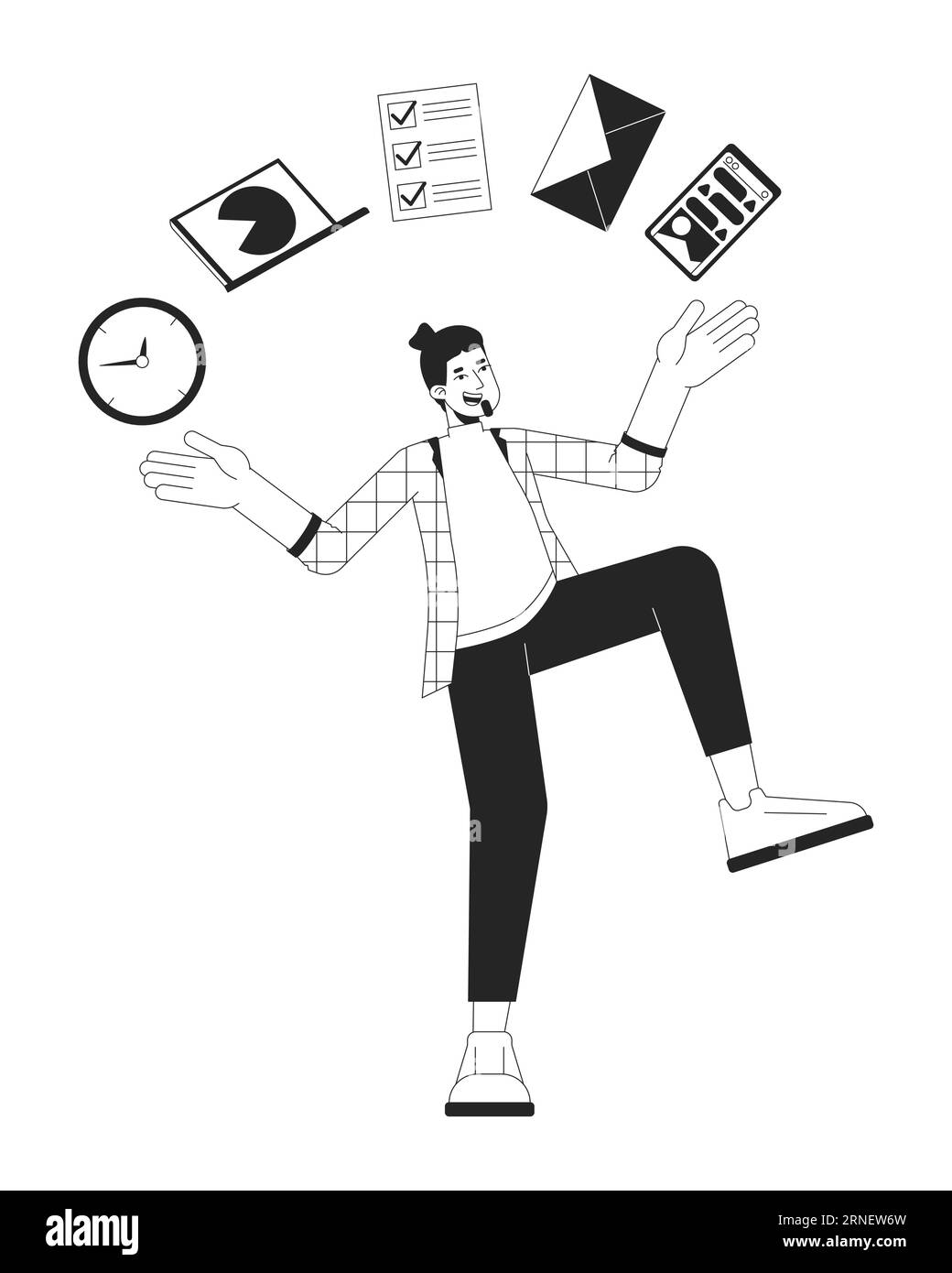 Man juggling of tasks bw concept vector spot illustration Stock Vector