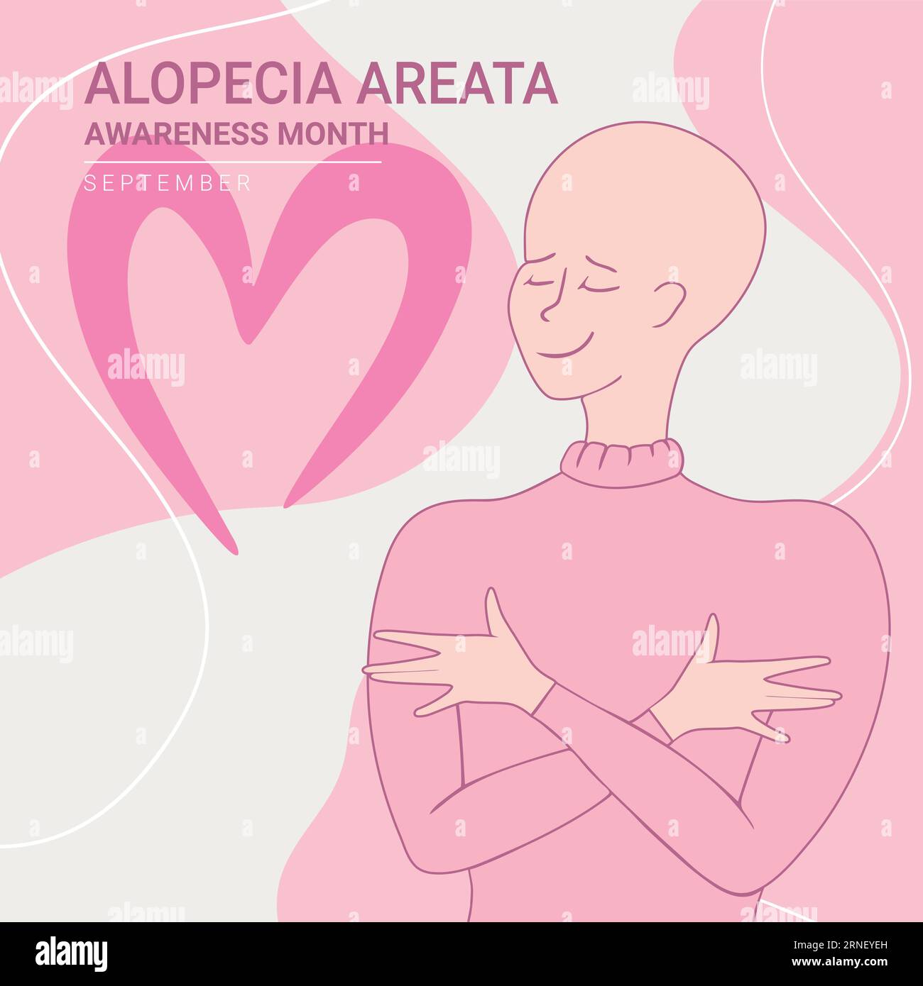 Alopecia awareness month poster. Beautiful bald girl is hugging herself. Bald is beautiful. Vector illustration Stock Vector