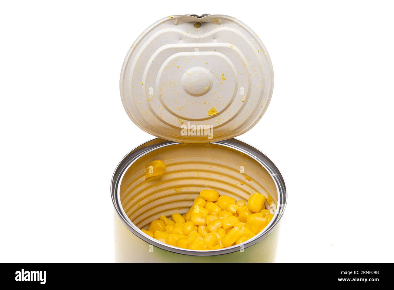 sweet cooked canned corn and maize in tinned can with open cap is vegan