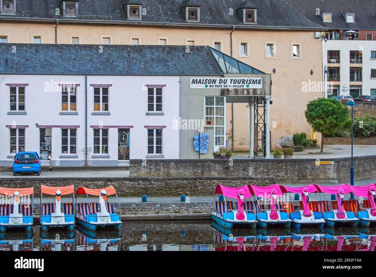 Pedal boats in front of Archéoscope and Maison du Tourisme / tourist office in the city Bouillon, province of Luxembourg, Ardennes, Wallonia, Belgium Stock Photo