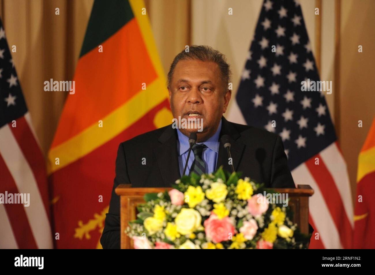 COLOMBO, July 12, 2016 -- Sri Lankan Foreign Minister Mangala Samaraweera speaks during a press conference after a meeting with U.S. delegates in Colombo, Sri Lanka, July 12, 2016. The U.S. said on Tuesday it is committed to the partnership with Sri Lanka as the country moves ahead with its post-civil war reconciliation process. ) SRI LANKA-COLOMBO-U.S.-RECONCILIATION-SUPPORT GayanxSameera PUBLICATIONxNOTxINxCHN   Colombo July 12 2016 Sri Lankan Foreign Ministers Mangala Samaraweera Speaks during a Press Conference After a Meeting With U S Delegates in Colombo Sri Lanka July 12 2016 The U S Sa Stock Photo