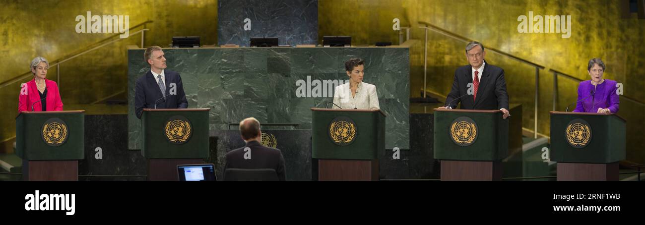 Bilder des Tages UNITED NATIONS, July 12, 2016 -- UN secretary-general candidates Irina Bokova of Bulgaria, Igor Luksic of Montenegro, Christiana Figueres of Costa Rica, Danilo Turk of Slovenia, and Helen Clark of New Zealand (L-R) attend the globally televised debate at the UN headquarters in New York, the United States, July 12, 2016. The first-ever globally televised debate for the UN chief election was held on Tuesday among 10 of the 12 candidates. They took questions from diplomats and the public at large. ) UN-NEW YORK-SECRETARY GENERAL CANDIDATES-DEBATE LixMuzi PUBLICATIONxNOTxINxCHN Stock Photo