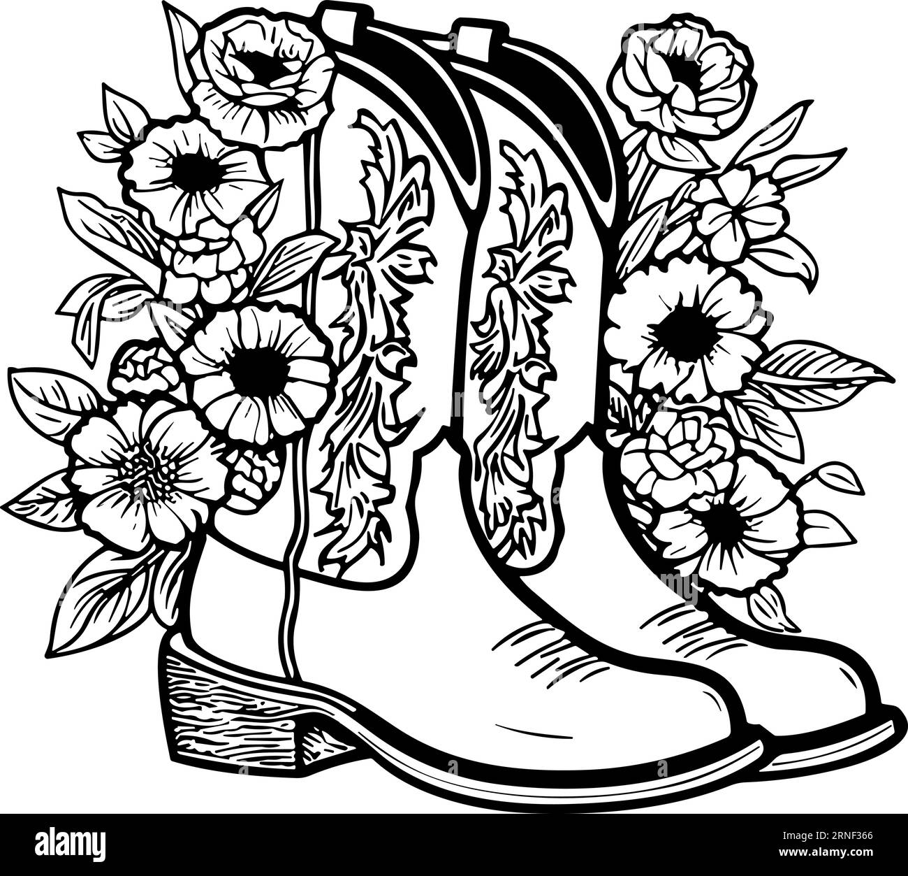 Cowboy boots with flowers and leaves. Floral decoration. Outline vector ...