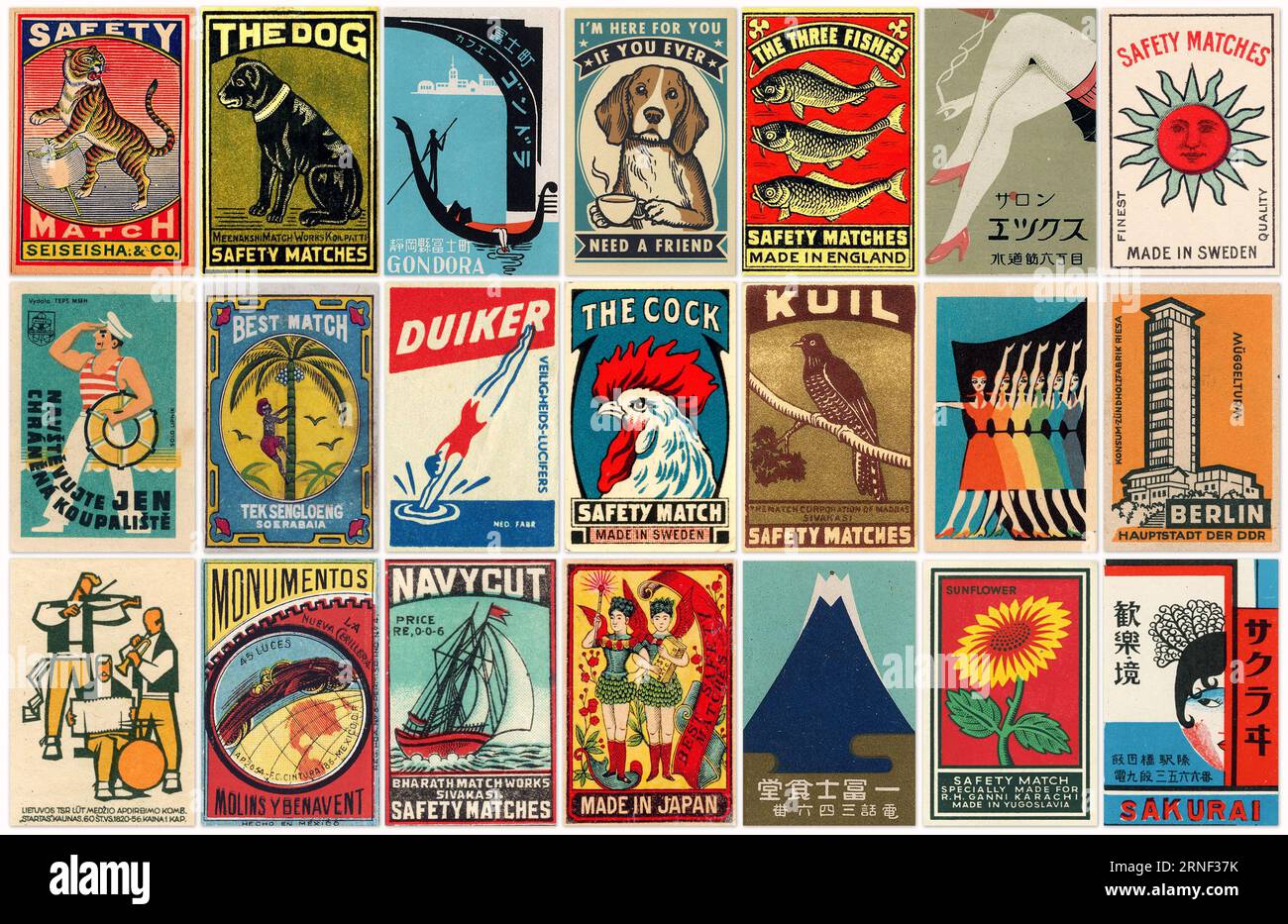 Collage of old colorful vintage matchbox labels from around the world Stock Photo