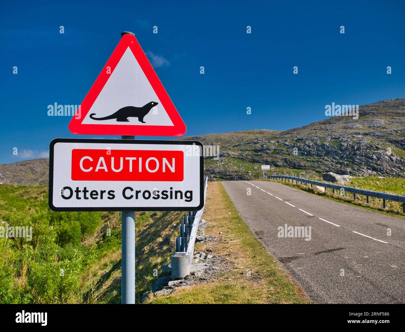 Road signs warning that otters may be crossing the road ahead. Taken at the bridge to the island of Scalpay in the Outer Hebrides, Scotland, UK on a s Stock Photo