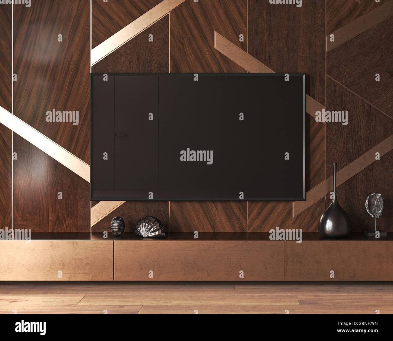 Classic expensive luxury dark brown TV wall mock up with commode and wood panels with gold