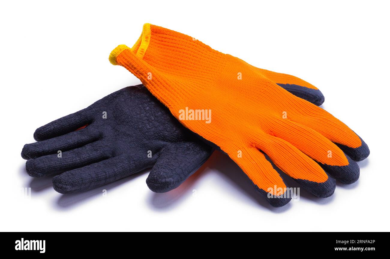 Orange Cotton Gloves Covered in Rubber Cut Out on White. Stock Photo