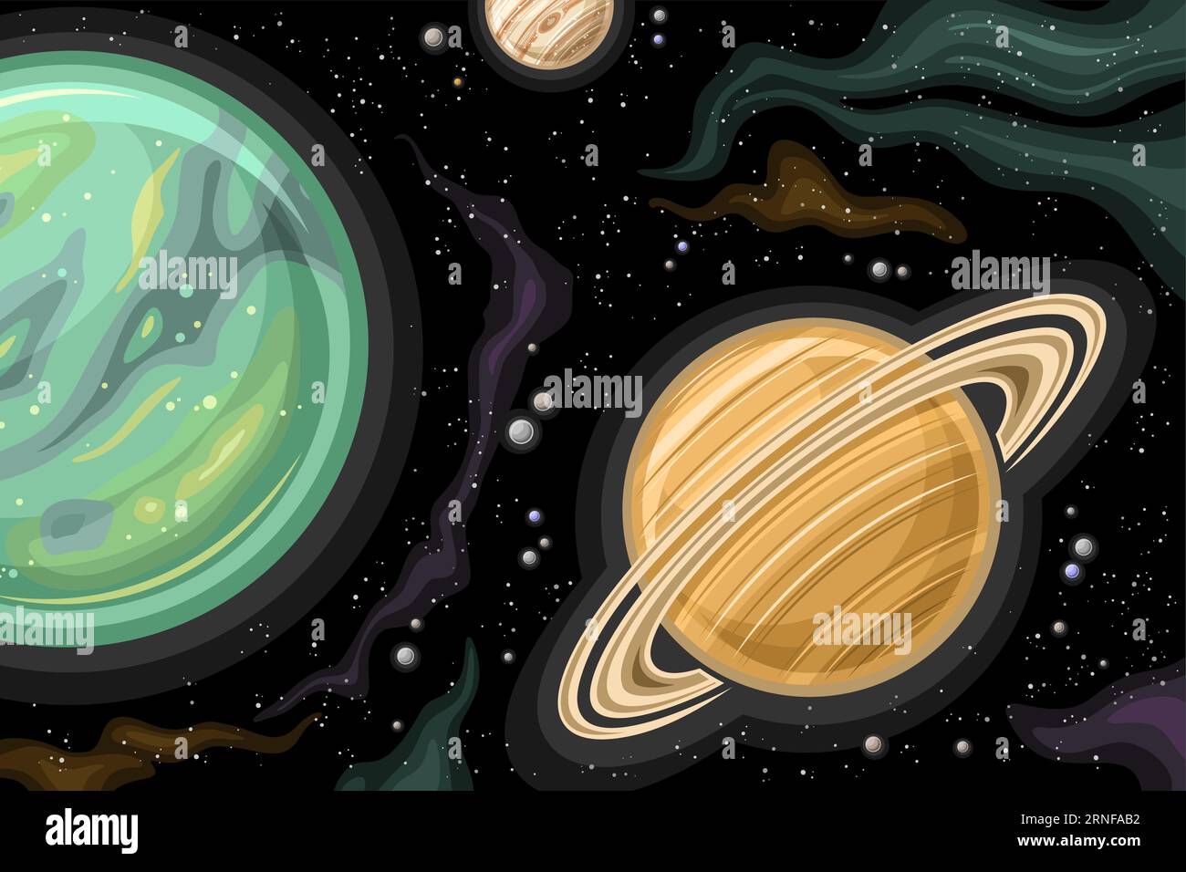 Vector Fantasy Space Chart, astronomical horizontal poster with cartoon design gas giant Saturn planet and orbiting moon Titan in deep space, decorati Stock Vector
