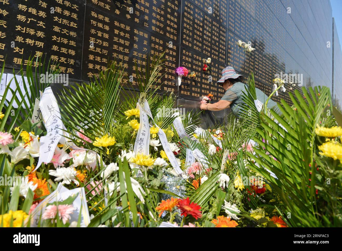 (160728) -- TANGSHAN, July 28, 2016 -- A woman pastes flowers beside the name of her relative killed in the 1976 Tangshan earthquake listed on a memorial wall in Tangshan, north China s Hebei Province, July 28, 2016. Local residents came to the Tangshan Earthquake Ruins Memorial Park on Thursday to mark the 40th anniversary of the devastating earthquake that killed their family members and friends. )(wsw) CHINA-HEBEI-TANGSHAN-EARTHQUAKE-COMMEMORATION (CN) MouxYu PUBLICATIONxNOTxINxCHN   160728 Tang Shan July 28 2016 a Woman pastes Flowers Beside The Name of her relative KILLED in The 1976 Tang Stock Photo