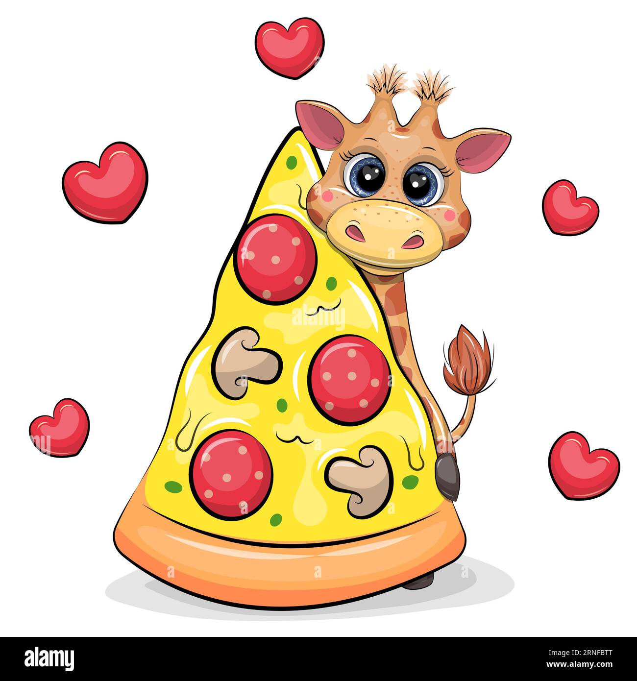 Cute cartoon giraffe with a big piece of pizza. Vector illustration of animal on a white background with red hearts. Stock Vector