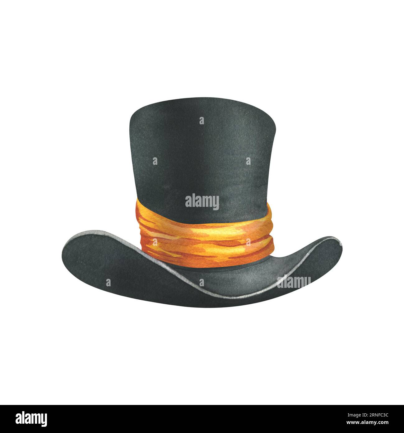 Black top hat with orange satin ribbon. Watercolor illustration, hand