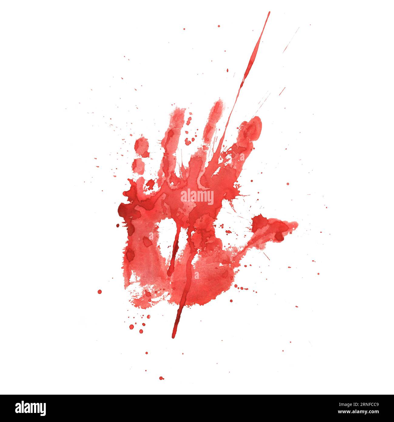Bright red, scarlet blood stain palm print with splashes for the design
