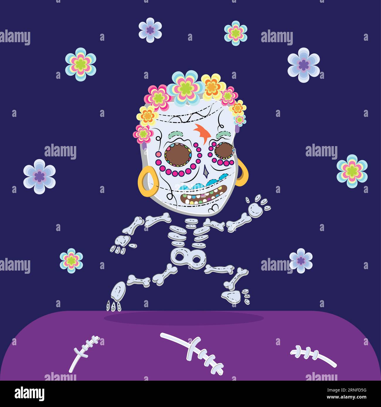 Happy skeleton with decorated skull Dia de muertos Vector Stock Vector
