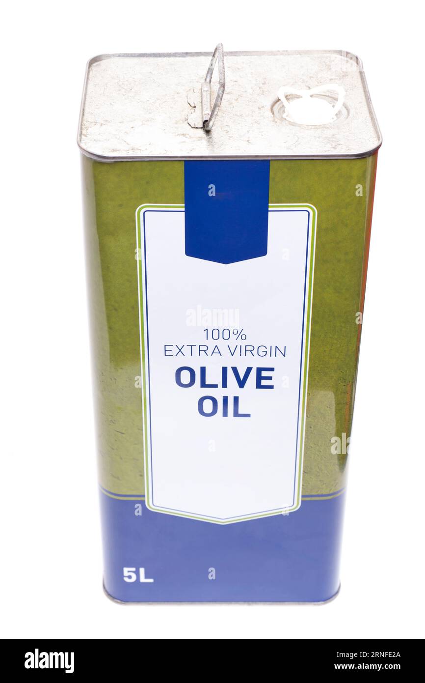 Olive oil metal can isolated on white Stock Photo Alamy