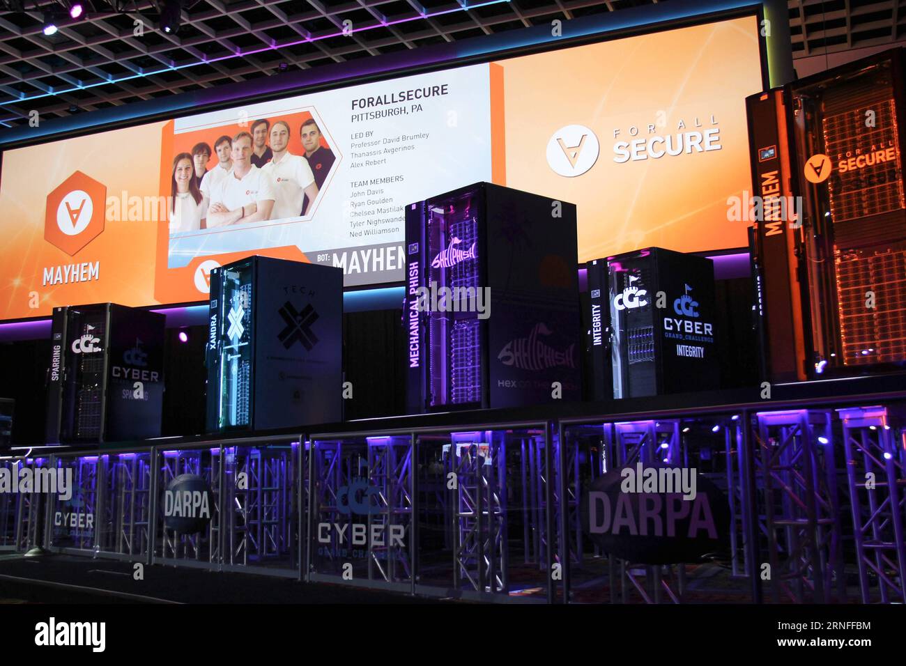 (160805) -- LAS VEGAS, Aug. 5, 2016 -- Photo taken on Aug. 4, 2016 shows the scene of the Cyber Grand Challenge (CGC) in Las Vegas, United States. Seven high-performance computing machines developed by ethical computer hackers, academics or private-sector computer security experts were engaged in the final event of the U.S. Defense Advanced Research Projects Agency (DARPA) s CGC, the world s first all-machine hacking tournament. The winning CGC system will be invited to compete against the world s best human hackers in DEF CON s annual Capture the Flag (CTF) competition on Friday. DEF CON, one Stock Photo