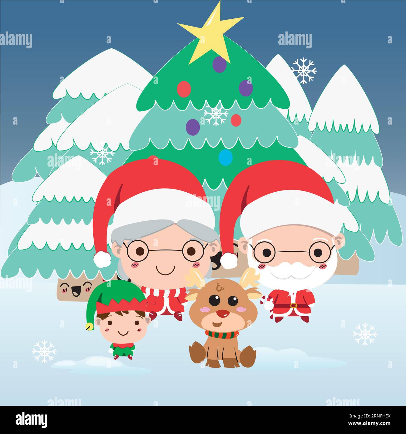 Cute santa claus family cartoons on a winter landscape Vector Stock