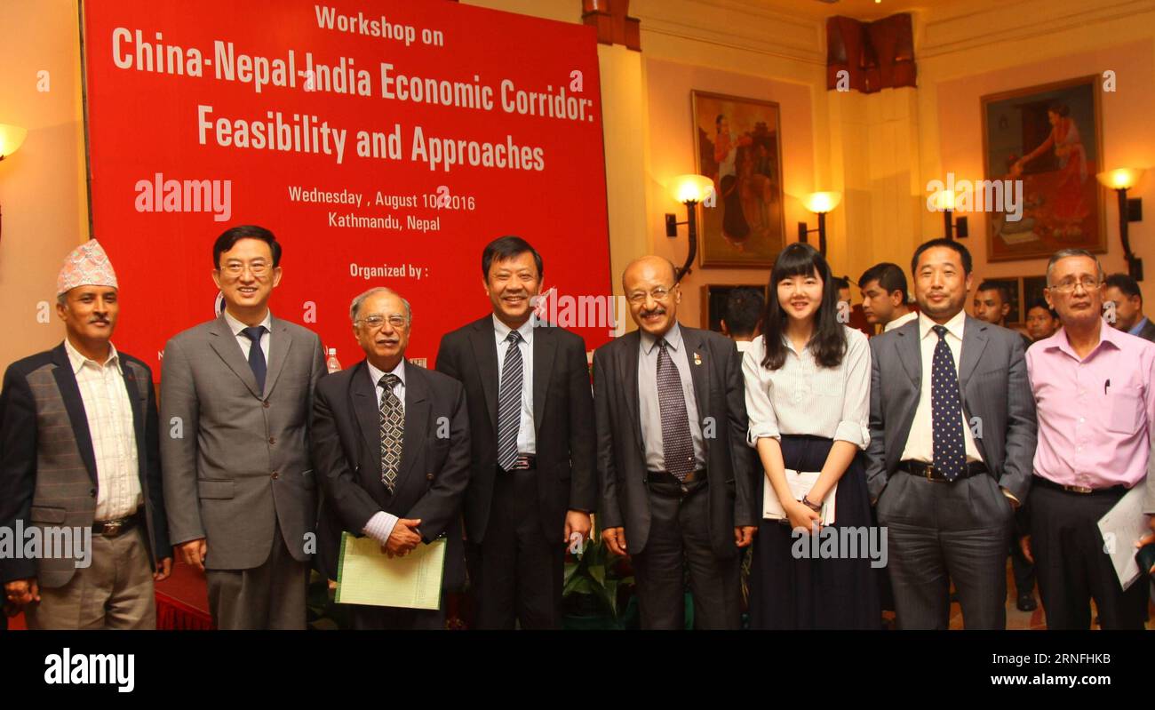 (160810) -- KATHMANDU, Aug. 10, 2016 -- Chinese Ambassador to Nepal Wu Chuntai (2nd L), and Ji Zhiye (4th L), president of China Institutes of Contemporary International Relations (CICIR), pose for a photo with other participants during the one-day workshop organized by China Study Center on China-Nepal-India Economic Corridor: Feasibility and Approaches in Kathmandu, Nepal, on Aug. 10, 2016. The establishment of a China-Nepal-India economic corridor will help secure economic prosperity of the entire Asian region through enhancing cooperation on trade, tourism, energy and connectivity, experts Stock Photo