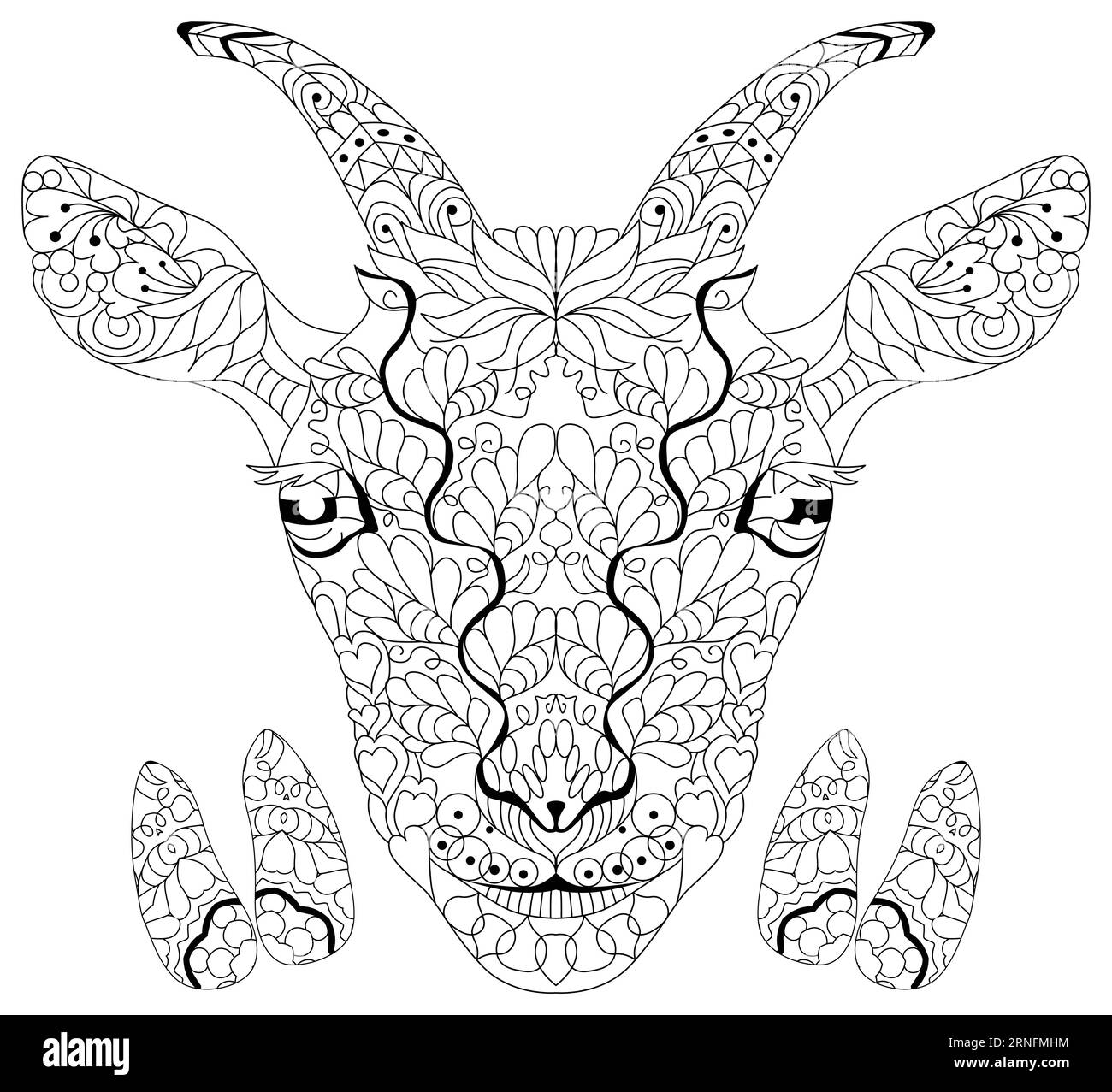 Head of goat zentangle styled with hooves for coloring, for tshirt