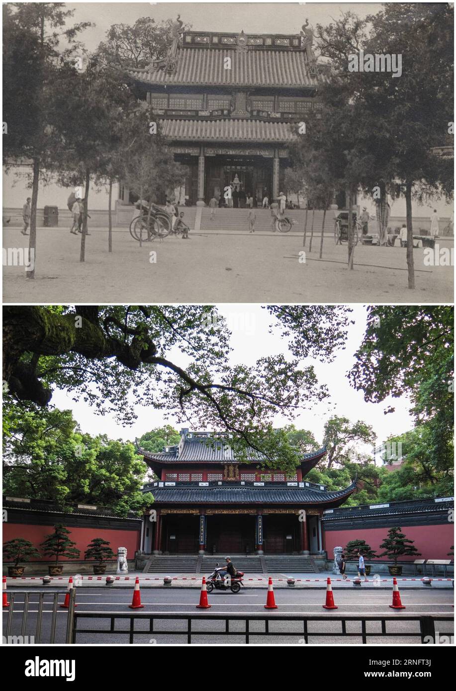 (160823) -- BEIJING, Aug. 23, 2016 () -- Combined photo shows the Temple of Yue Fei, an ancient Chinese patriotic hero, in Hangzhou, capital of east China s Zhejiang Province. The G20 Summit will be held on Sept. 4-5 in Hangzhou, dubbed paradise on earth with a history of over 2,200 years. (The file photo was provided by Wang Qiuhang while the lower photo was taken by Xu Yu on Aug. 18, 2016.) () (mp) CHINA-ZHEJIANG-HANGZHOU-SCENERY-CHANGES (CN) Xinhua PUBLICATIONxNOTxINxCHN   160823 Beijing Aug 23 2016 Combined Photo Shows The Temple of Yue Fei to Ancient Chinese Patriotic Hero in Hangzhou Cap Stock Photo