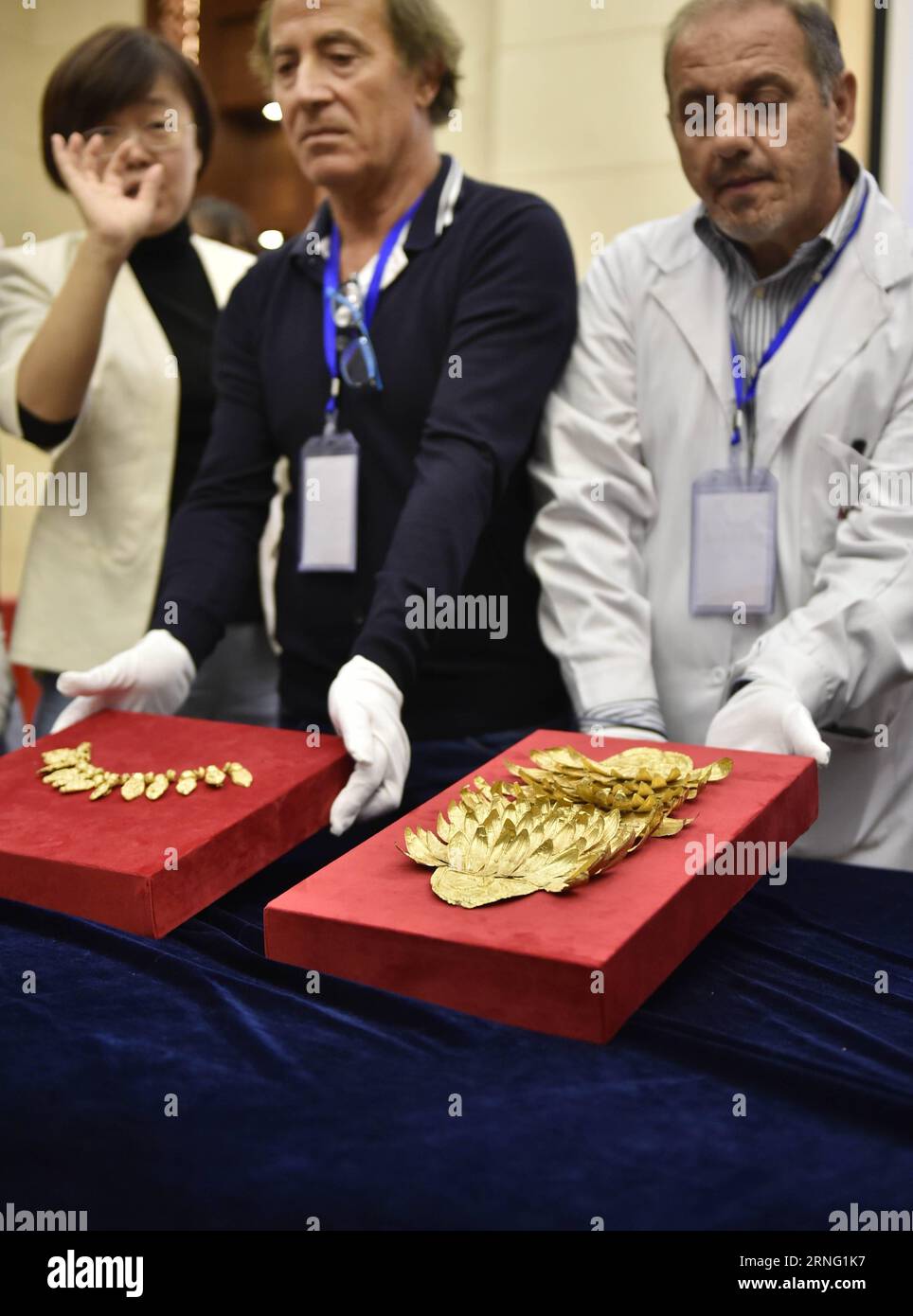 (160901) -- SHENYANG, Sept. 1, 2016 -- Staff members show ancient gold jewelry during an unpacking ceremony in Shenyang, northeast China s Liaoning Province, Sept. 1, 2016. Several hundred pieces of cultural relics of ancient Mediterranean Civilization from Italian Casa Dei Carraresi Museum will be displayed in the Liaoning Provincial Museum from Sept. 6. ) (wx) CHINA-SHENYANG-MUSEUM-MEDITERRANEAN-CIVILIZATION-EXHIBITION (CN) YaoxJianfeng PUBLICATIONxNOTxINxCHN   160901 Shenyang Sept 1 2016 Staff Members Show Ancient Gold Jewelry during to unpacking Ceremony in Shenyang Northeast China S Liaon Stock Photo