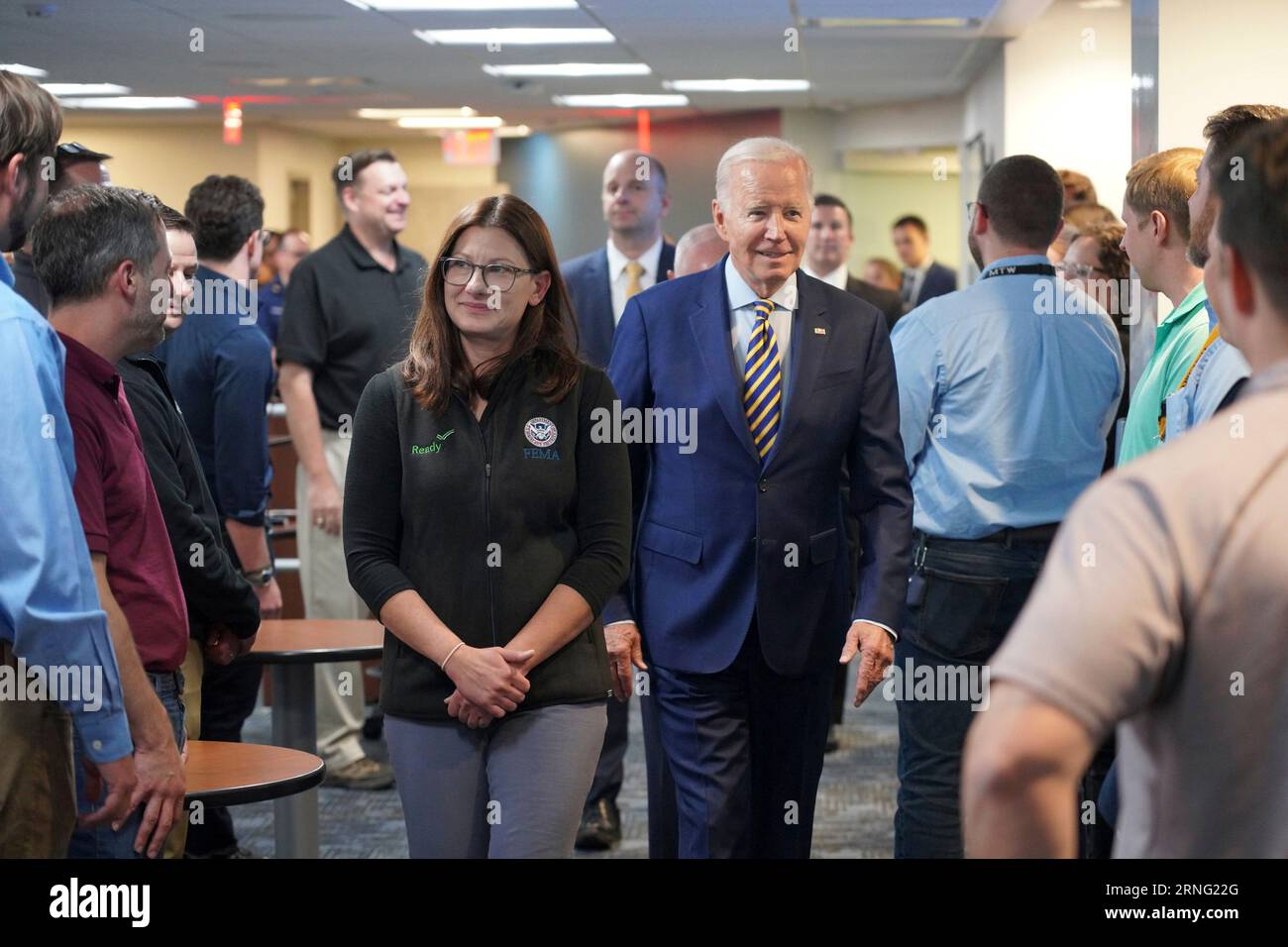 Washington, United States. 31st Aug, 2023. U.S. President Joe Biden, right, is escorted by FEMA Associate Administrator for Response and Recovery Anne Blink, left, on arrival to FEMA Headquarters to thank staff for their response to the wildfires in Maui and Hurricane Idalia, August 31, 2023 in Washington, DC Credit: Graham Haynes/FEMA/Alamy Live News Stock Photo