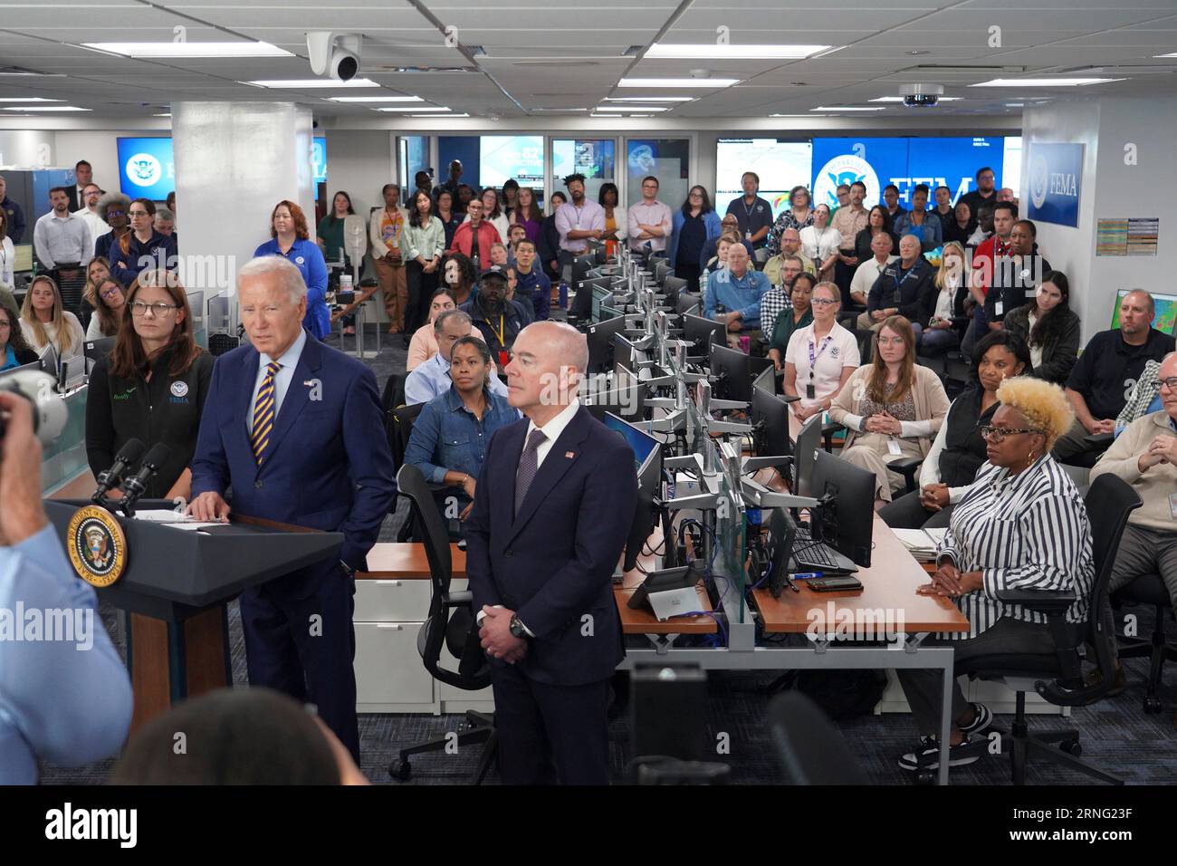 Washington, United States. 31st Aug, 2023. U.S. President Joe Biden, center, joined by Homeland Security Secretary Alejandro Mayorkas, right, and FEMA Associate Administrator for Response and Recovery Anne Blink, left, delivers remarks during a visit to the Federal Emergency Management Agency Headquarters following Hurricane Idalia, August 31, 2023 in Washington, DC Credit: Graham Haynes/FEMA/Alamy Live News Stock Photo