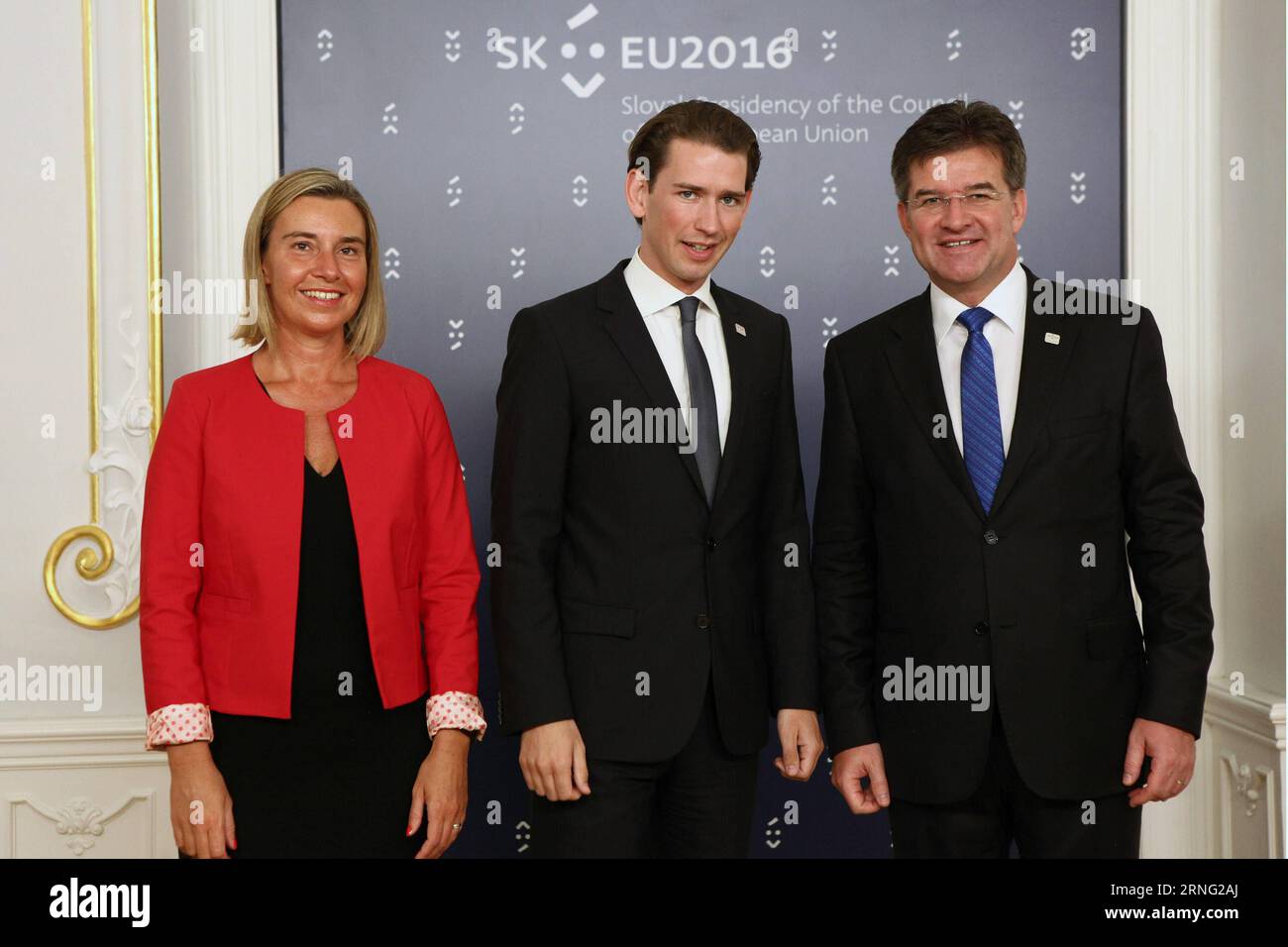 (160902) -- BRATISLAVA, Sept.2, 2016 -- Slovak Minister of foreign and European Affairs Mirislav Lajcak (R) and European Union (EU) High Representative for Foreign Affairs and Security Policy Federica Mogherini (L) welcome Austrian Federal Minister for Europe, Integration and Foreign Affairs Sebastian Kurz before the informal meeting of foreign affairs ministers, also known as Gymnich, in Bratislava, capital of Slovakia, Sept. 2, 2016. The current issues of global foreign and security policy will be high on the agenda of Gymnich, which kicked off on Friday. ) SLOVAKIA-BRATISLAVA-EU FM MEETING Stock Photo
