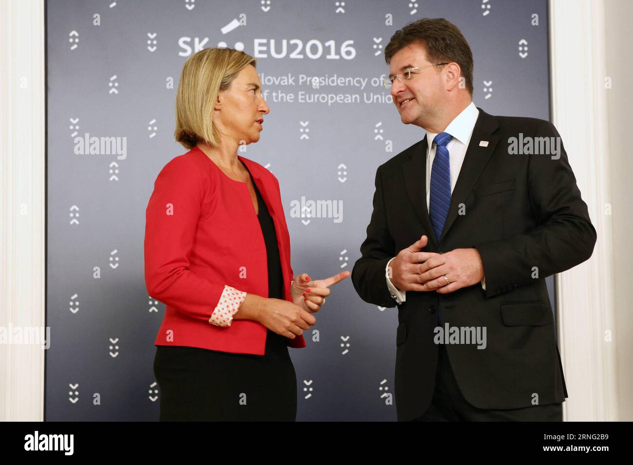 (160902) -- BRATISLAVA, Sept.2, 2016 -- Slovak Minister of foreign and European Affairs Mirislav Lajcak (R) talks with European Union (EU) High Representative for Foreign Affairs and Security Policy Federica Mogherini before the informal meeting of foreign affairs ministers, also known as Gymnich, in Bratislava, capital of Slovakia, Sept. 2, 2016. The current issues of global foreign and security policy will be high on the agenda of Gymnich, which kicked off on Friday. ) SLOVAKIA-BRATISLAVA-EU FM MEETING AndrejxKlizan PUBLICATIONxNOTxINxCHN   160902 Bratislava Sept 2 2016 Slovak Ministers of F Stock Photo