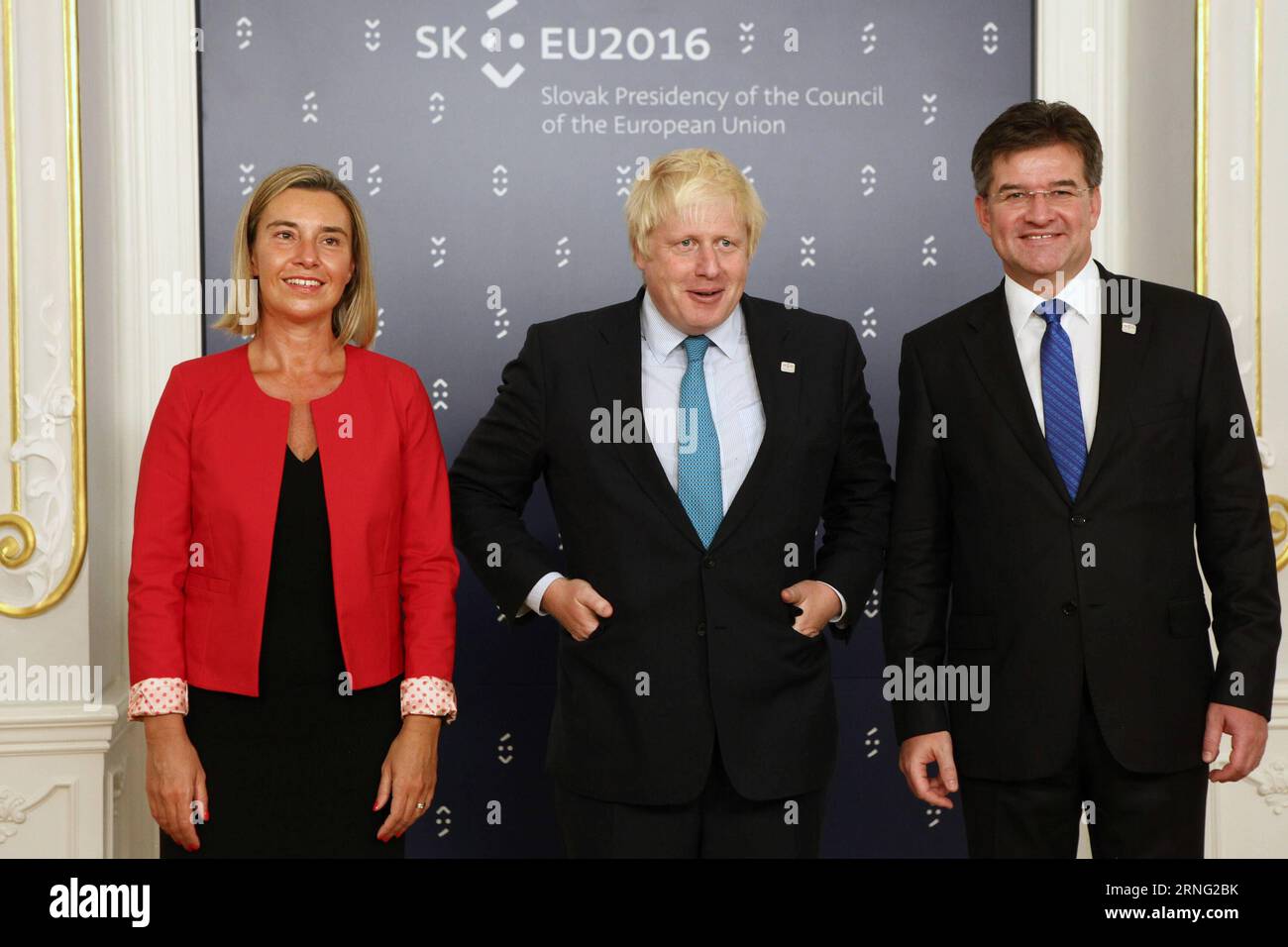 (160902) -- BRATISLAVA, Sept.2, 2016 -- Slovak Minister of foreign and European Affairs Mirislav Lajcak (R) and European Union (EU) High Representative for Foreign Affairs and Security Policy Federica Mogherini (L) welcome British Foreign Secretary Boris Johnson before the informal meeting of foreign affairs ministers, also known as Gymnich, in Bratislava, capital of Slovakia, Sept. 2, 2016. The current issues of global foreign and security policy will be high on the agenda of Gymnich, which kicked off on Friday. ) SLOVAKIA-BRATISLAVA-EU FM MEETING AndrejxKlizan PUBLICATIONxNOTxINxCHN   160902 Stock Photo