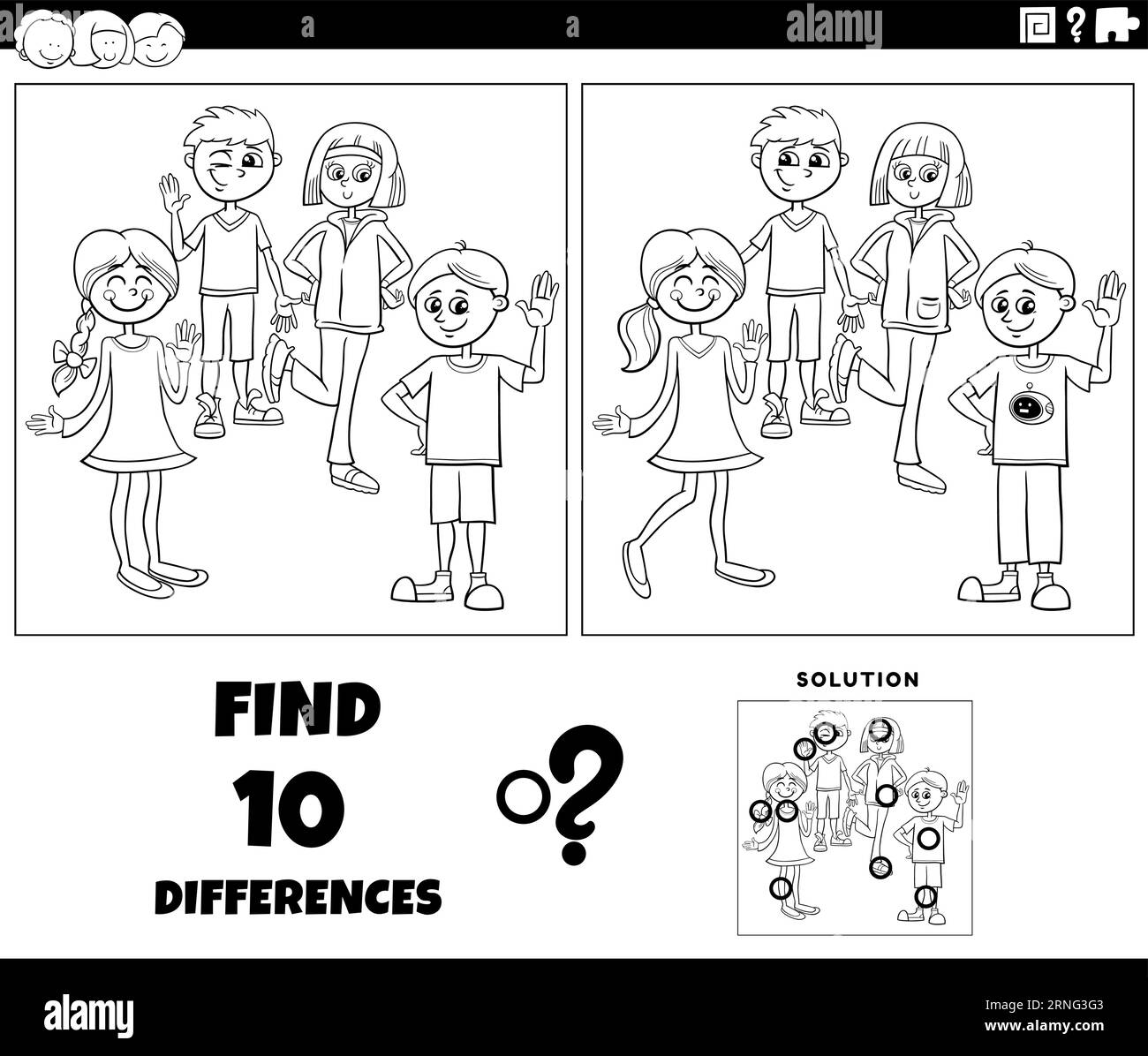 Black and white cartoon illustration of finding the differences between