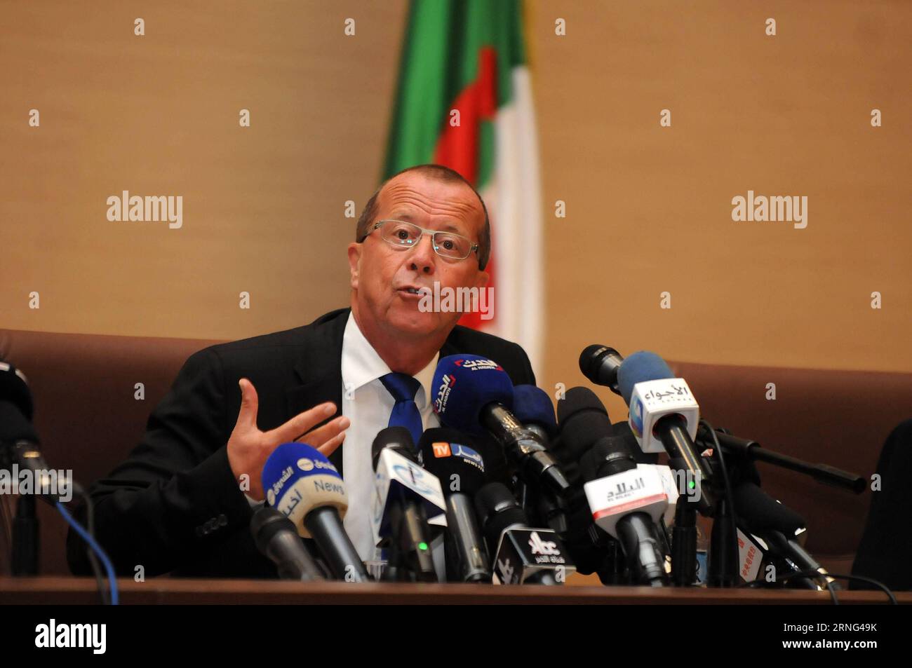 (160904) -- ALGIERS, Sept. 4, 2016 () -- UN Special Envoy for Libya Martin Kobler speaks at a press conference in Algiers, capital of Algeria, on Sept. 4, 2016. Visiting UN Special Envoy for Libya Martin Kobler and Algerian Minister for Maghreb Affairs, the African Union and the Arab League Abdelkader Messahel held a joint press conference in Algiers. () (syq) ALGERIA-ALGIERS-UN-KOBLER-VISIT Xinhua PUBLICATIONxNOTxINxCHN   160904 Algiers Sept 4 2016 UN Special Envoy for Libya Martin Kobler Speaks AT a Press Conference in Algiers Capital of Algeria ON Sept 4 2016 Visiting UN Special Envoy for L Stock Photo