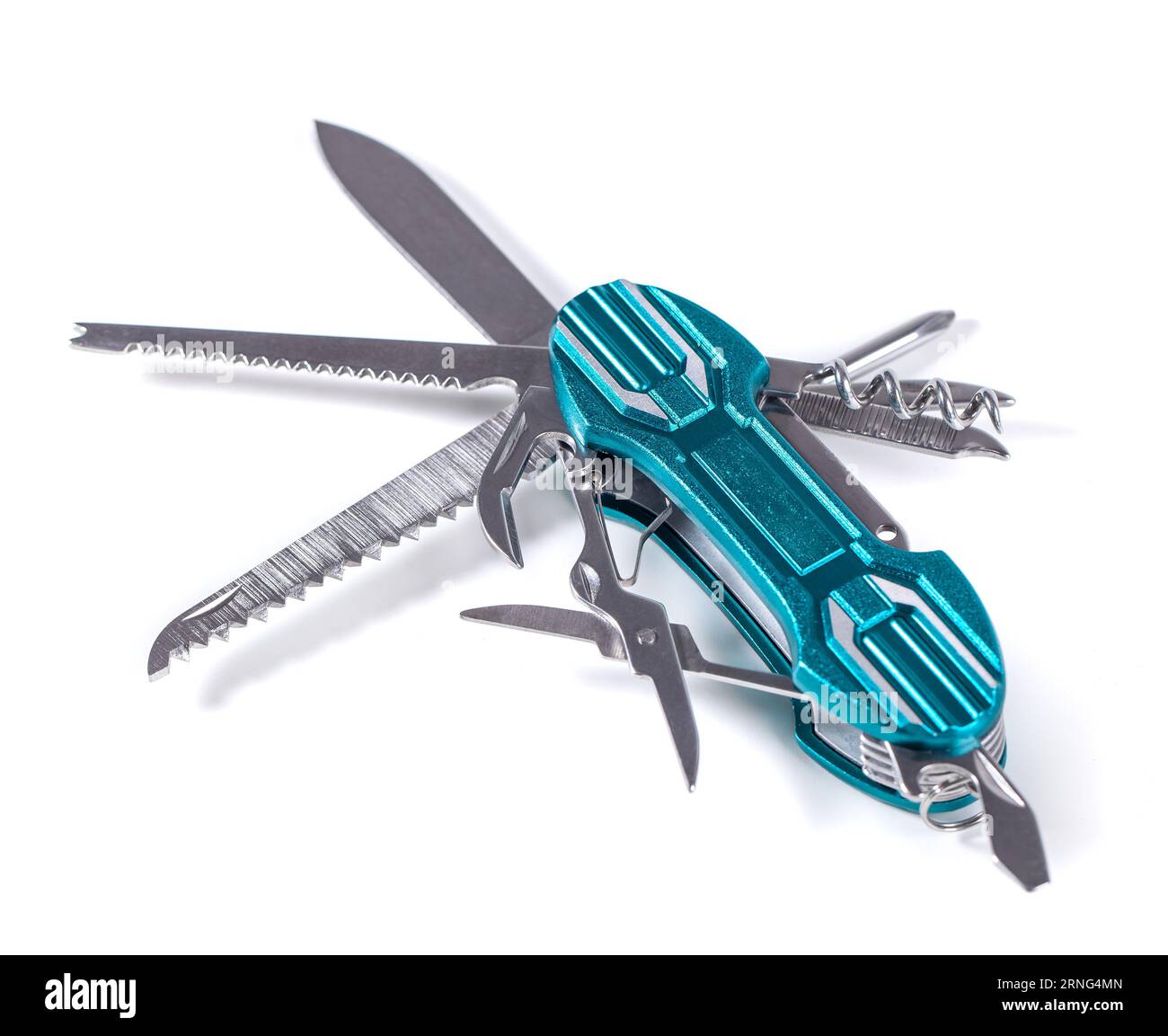 A multifunction folding knives isolated on white background. Multipurpose knife Stock Photo