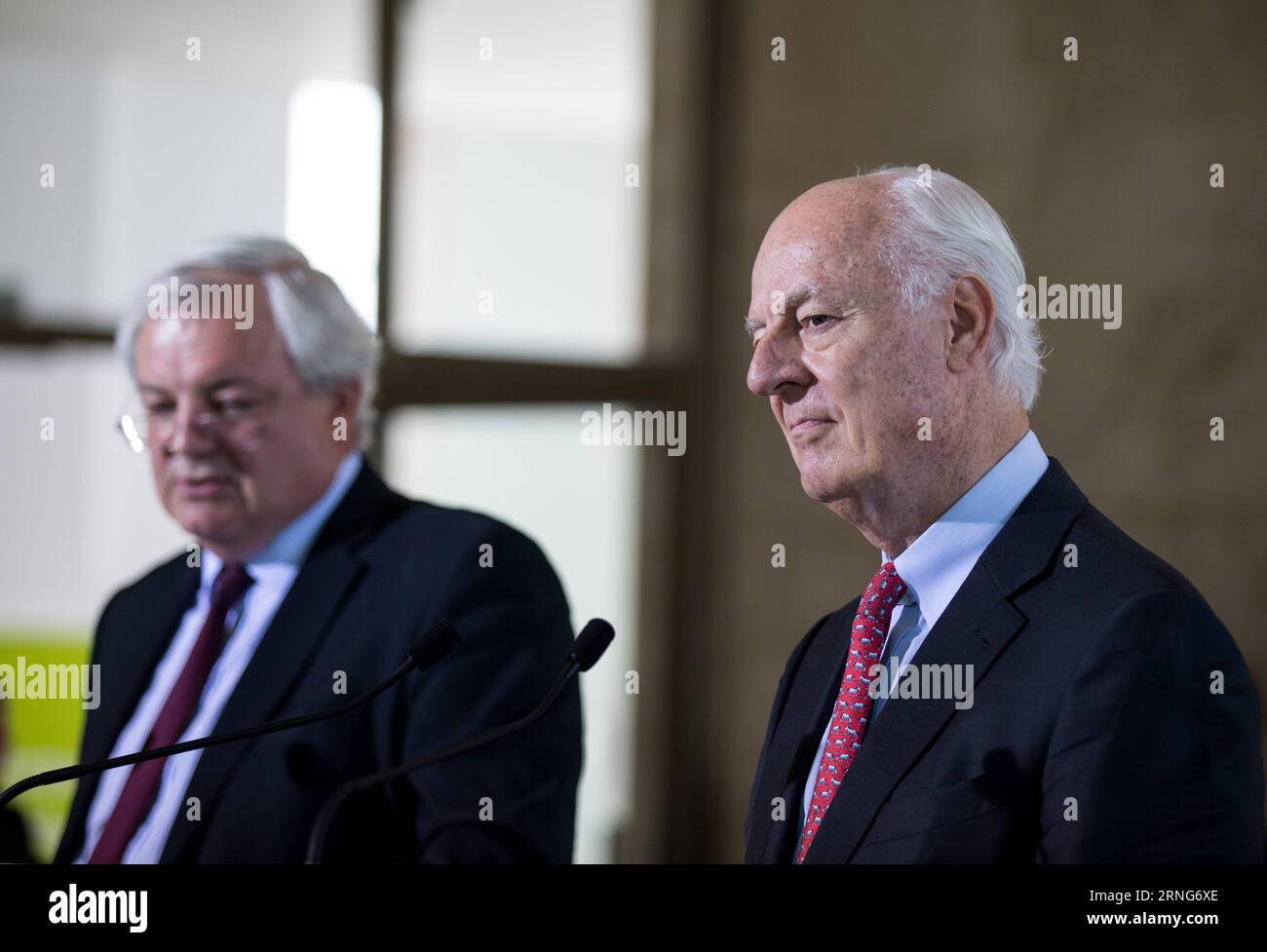 (160909) -- GENEVA, Sept. 9, 2016 -- The United Nations (UN) Special Envoy for Syria Staffan De Mistura (R) and UN Under-Secretary-General for Humanitarian Affairs and Emergency Relief Coordinator Stephen O Brien hold a press conference after meeting of the Humanitarian Access Task Force in Geneva, Switzerland, Sept. 9, 2016. The UN special envoy for Syria said Friday that he hoped Friday s meeting between U.S. Secretary of State John Kerry and Russian Foreign Minister Sergey Lavrov here in Geneva will catalyse a turning point for Syria, a country at war since 2011. ) SWITZERLAND-GENEVA-UN-SYR Stock Photo