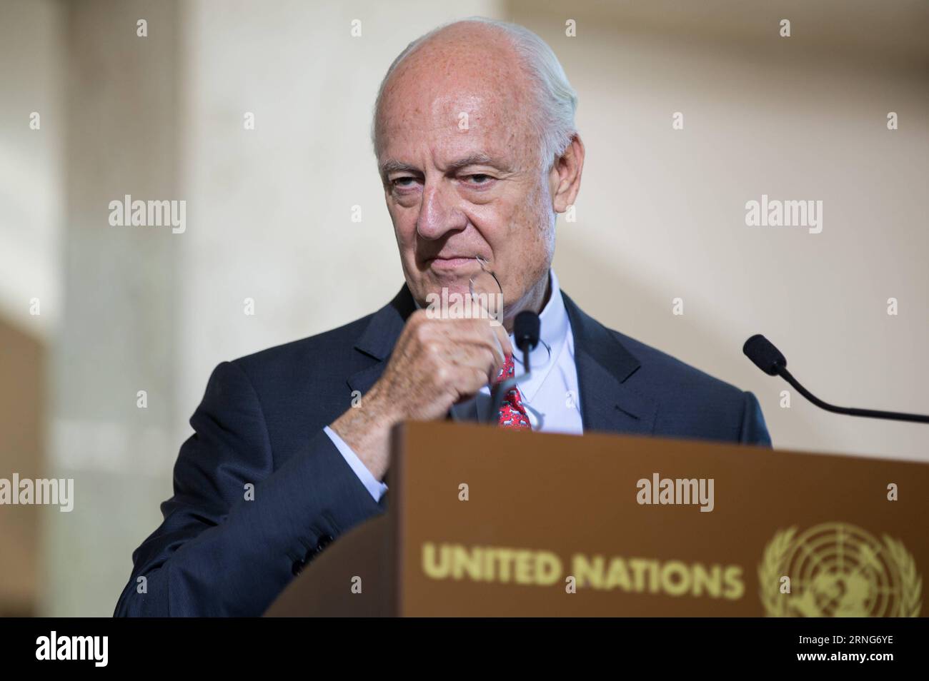 (160909) -- GENEVA, Sept. 9, 2016 -- The United Nations (UN) Special Envoy for Syria Staffan De Mistura and UN Under-Secretary-General for Humanitarian Affairs and Emergency Relief Coordinator Stephen O Brien (not in picture) hold a press conference after meeting of the Humanitarian Access Task Force in Geneva, Switzerland, Sept. 9, 2016. The UN special envoy for Syria said Friday that he hoped Friday s meeting between U.S. Secretary of State John Kerry and Russian Foreign Minister Sergey Lavrov here in Geneva will catalyse a turning point for Syria, a country at war since 2011. ) SWITZERLAND- Stock Photo