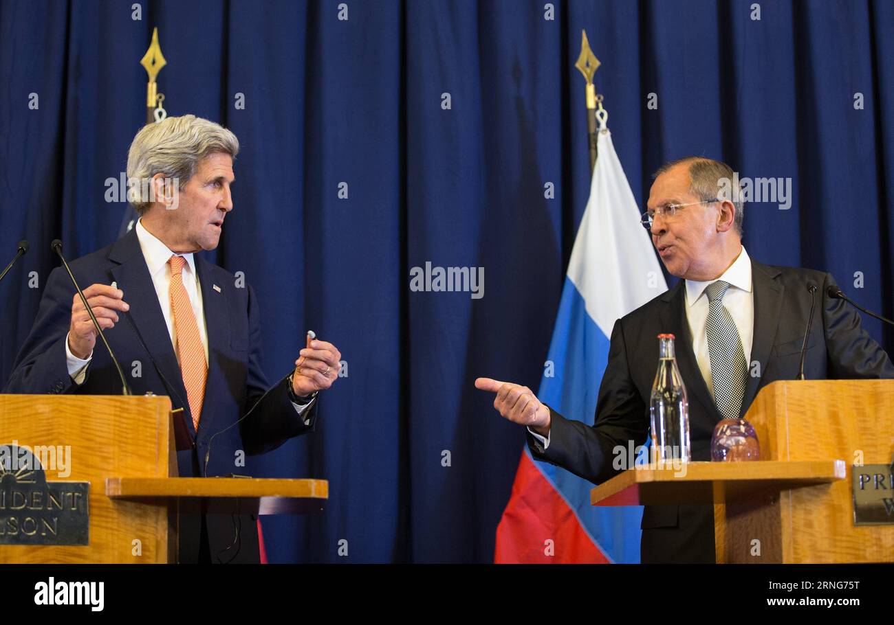 Bilder des Tages (160910) -- GENEVA, Sept. 10, 2016 -- U.S. Secretary of State John Kerry(L) and Russian Foreign Minister Sergey Lavrov attend a joint press conference after they reached a landmark agreement which would see both countries greatly enhance cooperation in a bid to end the five-year-old Syrian conflict, in Geneva, Switzerland, Sept. 10, 2016. ) (djj) SWITZERLAND-GENEVA-SYRIAN CONFLICT-AGREEMENT XuxJinquan PUBLICATIONxNOTxINxCHN Stock Photo
