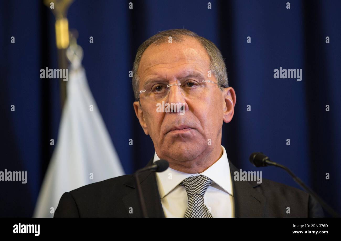 (160910) -- GENEVA, Sept. 10, 2016 -- Russian Foreign Minister Sergey Lavrov attends a joint press conference in Geneva, Switzerland, Sept. 10, 2016. U.S. Secretary of State John Kerry and Russian Foreign Minister Sergey Lavrov reached on Saturday a landmark agreement which would see both countries greatly enhance cooperation in a bid to end the five-year-old Syrian conflict. ) (djj) SWITZERLAND-GENEVA-SYRIAN CONFLICT-AGREEMENT XuxJinquan PUBLICATIONxNOTxINxCHN   160910 Geneva Sept 10 2016 Russian Foreign Ministers Sergey Lavrov Attends a Joint Press Conference in Geneva Switzerland Sept 10 20 Stock Photo