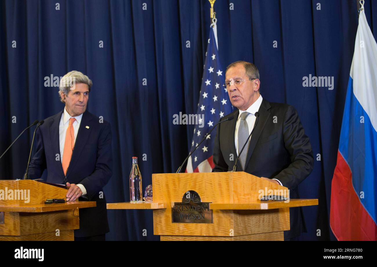 (160910) -- GENEVA, Sept. 10, 2016 -- U.S. Secretary of State John Kerry(L) and Russian Foreign Minister Sergey Lavrov attend a joint press conference after they reached a landmark agreement which would see both countries greatly enhance cooperation in a bid to end the five-year-old Syrian conflict, in Geneva, Switzerland, Sept. 10, 2016. ) (djj) SWITZERLAND-GENEVA-SYRIAN CONFLICT-AGREEMENT XuxJinquan PUBLICATIONxNOTxINxCHN   160910 Geneva Sept 10 2016 U S Secretary of State John Kerry l and Russian Foreign Ministers Sergey Lavrov attend a Joint Press Conference After They reached a Landmark A Stock Photo