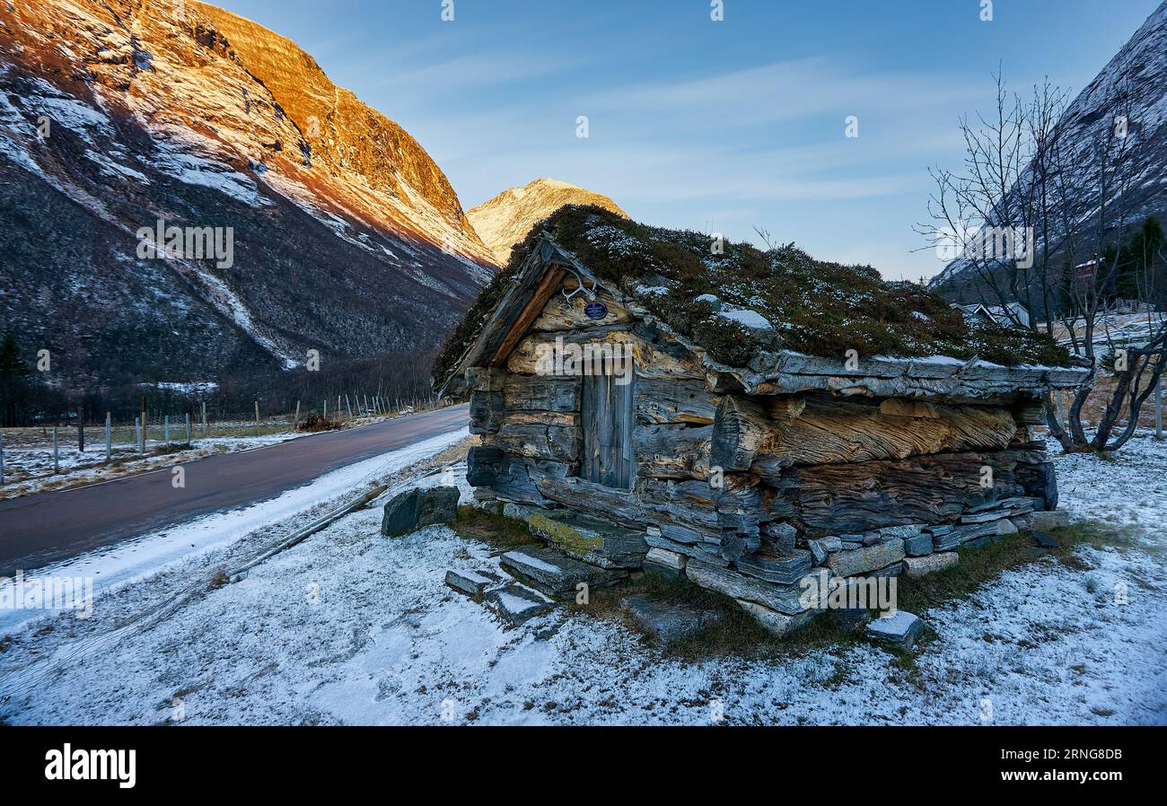 Øvstestølbrua in winter, Valldal, Norway Stock Photo