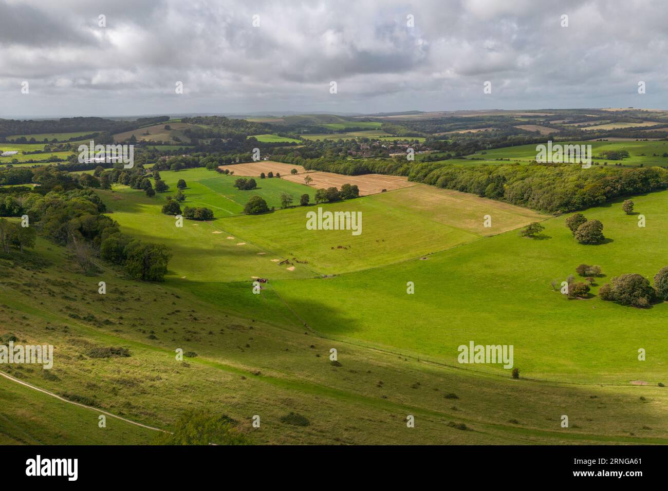 Aerial view of the countryside north west of Cissbury Ring, West Sussex, UK. Stock Photo