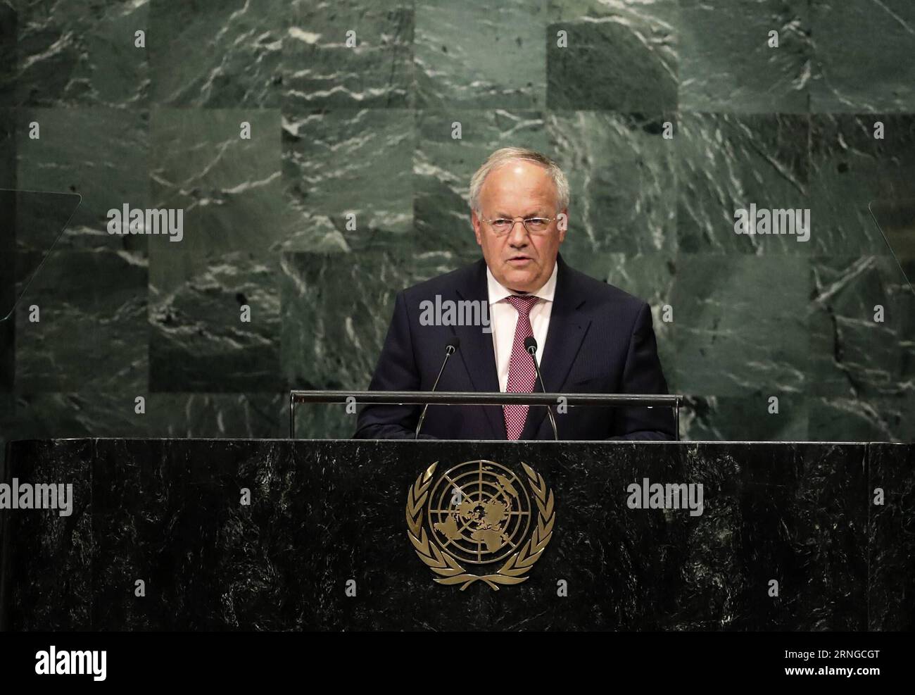 (160920) -- UNITED NATIONS, Sept. 20, 2016 -- Swiss President Johann Schneider-Ammann speaks at the 71st session of the United Nations General Assembly at the UN headquarters in New York, on Sept. 20, 2016. The 71st session of the UN General Assembly on Tuesday opened its annual high-level General Debate at the UN headquarters in New York, with a focus on pushing for the world s sustainable development. ) UN-GENERAL ASSEMBLY-GENERAL DEBATE WangxYing PUBLICATIONxNOTxINxCHN   United Nations Sept 20 2016 Swiss President Johann Schneider Ammann Speaks AT The 71st Session of The United Nations Gene Stock Photo