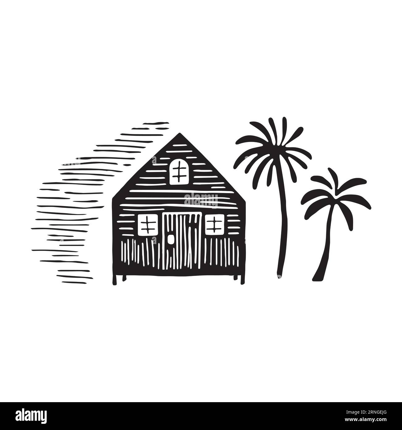 Whimsical beach hut block print illustration for tropical travel concept. Vector coastal house with palm tree stylized for holiday. Stock Vector