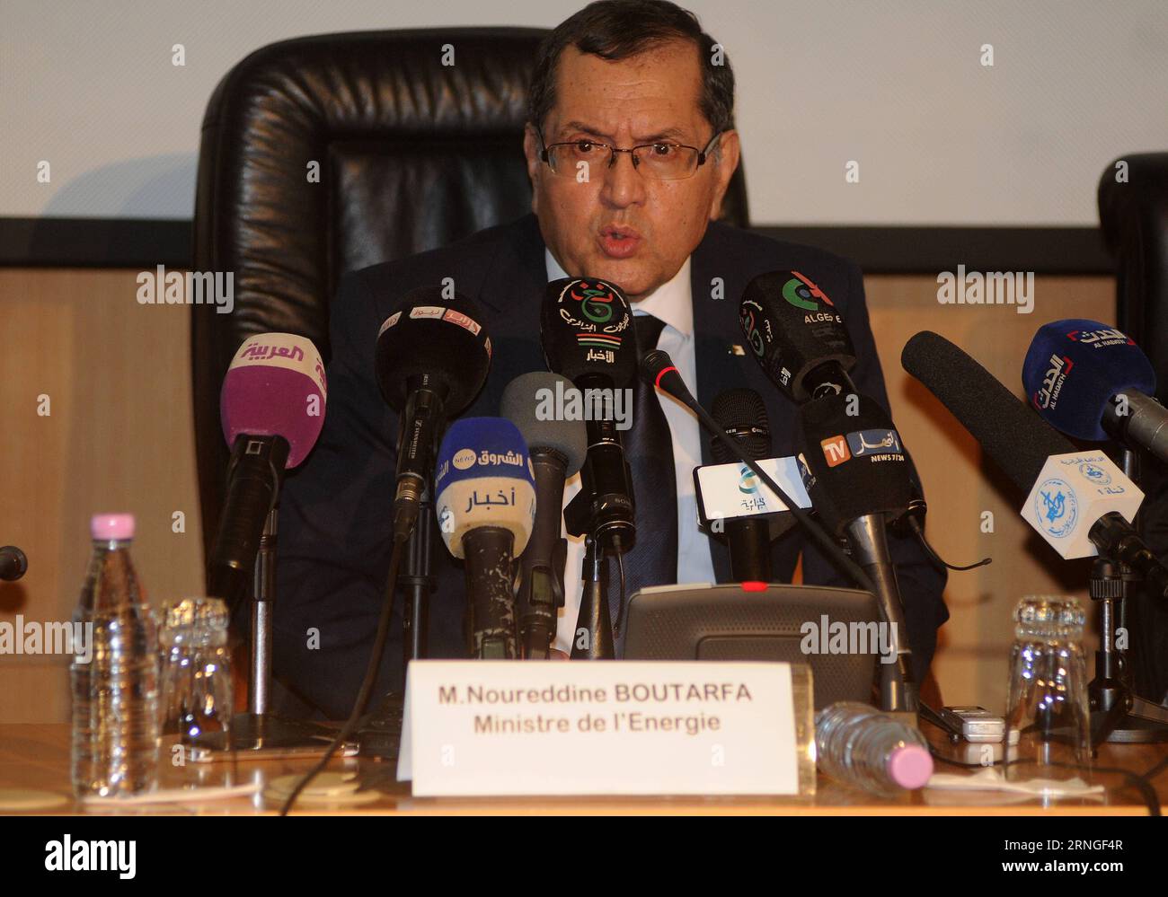Algerian Energy Minister Noureddine Bouterfa speaks during a press conference preceding the informal meeting of the Organization of the Petroleum Exporting Countries (OPEC) in Algiers, Algeria, on Sept. 25, 2016. Algeria on Sunday expressed optimism that an agreement could be reached by major oil producing countries to stabilize the world oil market. () (zf) ALGERIA-ALGIERS-ENERGY-OPEC Xinhua PUBLICATIONxNOTxINxCHN   Algerian Energy Ministers Noureddine  Speaks during a Press Conference preceding The Informal Meeting of The Organization of The Petroleum Exporting Countries OPEC in Algiers Alge Stock Photo