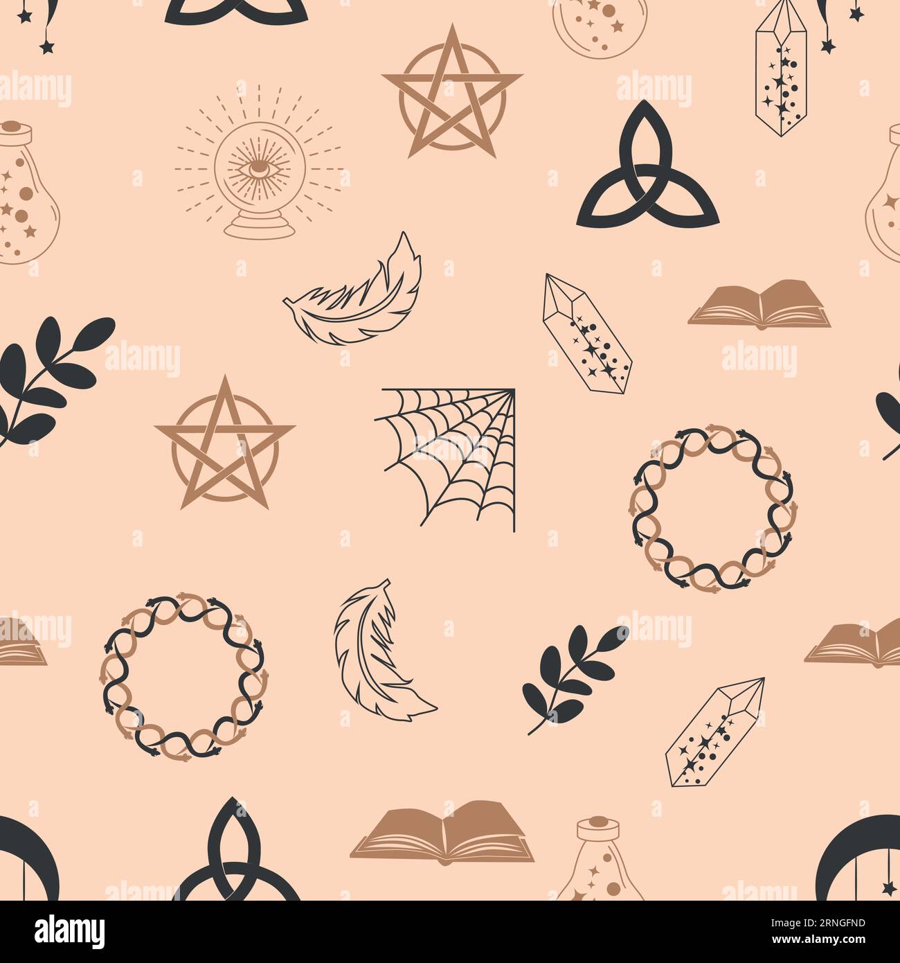 Magic and heaven seamless pattern, with magical elements such as snake, eye, tarot cards, hand, skull, potion, moon, butterfly, mushrooms, stars. Symb Stock Vector