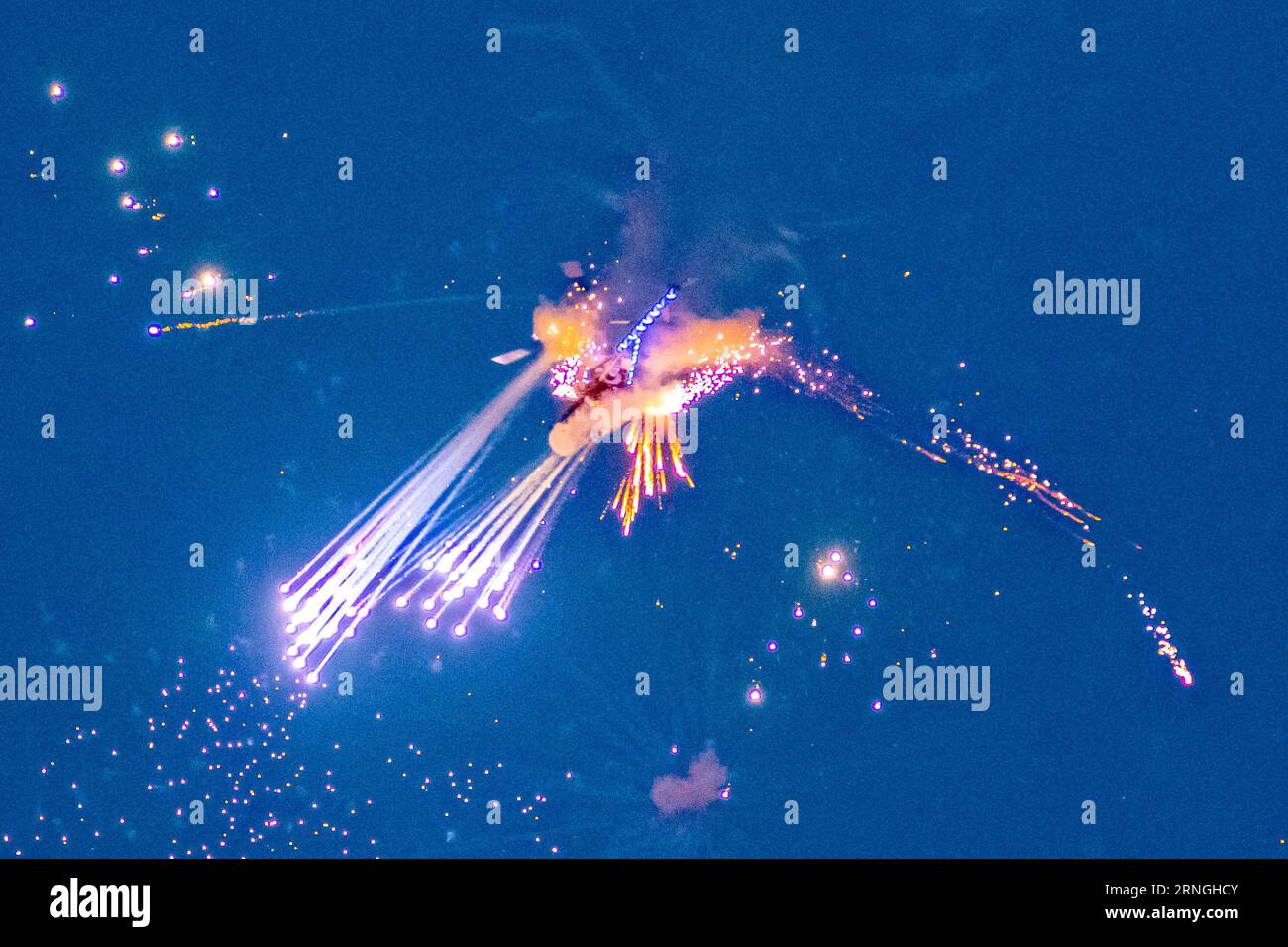 Bournemouth, Dorset, UK.  1st September 2023.  Otto the helicopter performing a spectacular aerial fireworks display during the night air at the Bournemouth Air Festival in Dorset.  Picture Credit: Graham Hunt/Alamy Live News Stock Photo